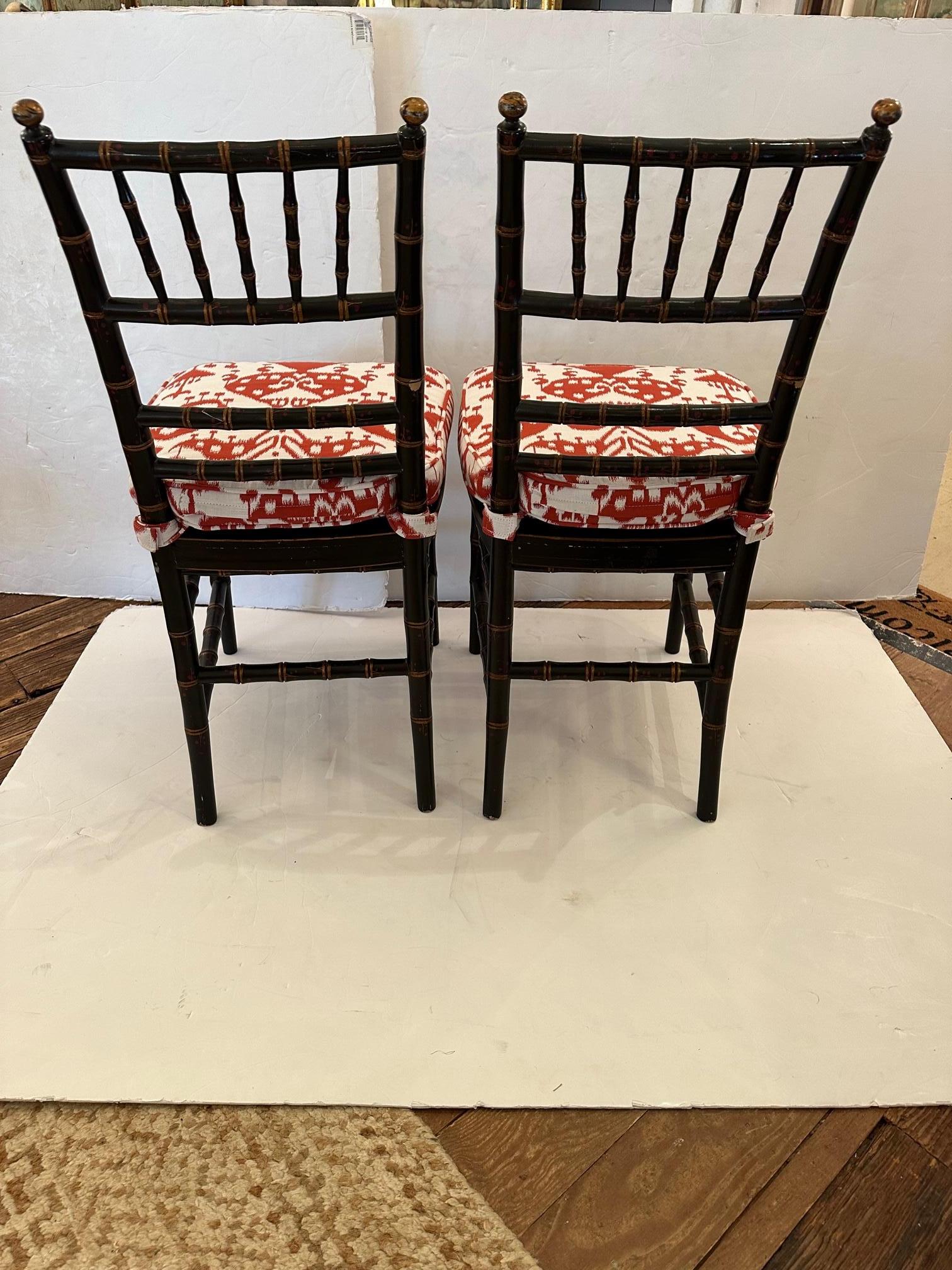 Late 20th Century Lovely Pair of Black Faux Bamboo Hand Painted Side Chairs with New Cushions For Sale