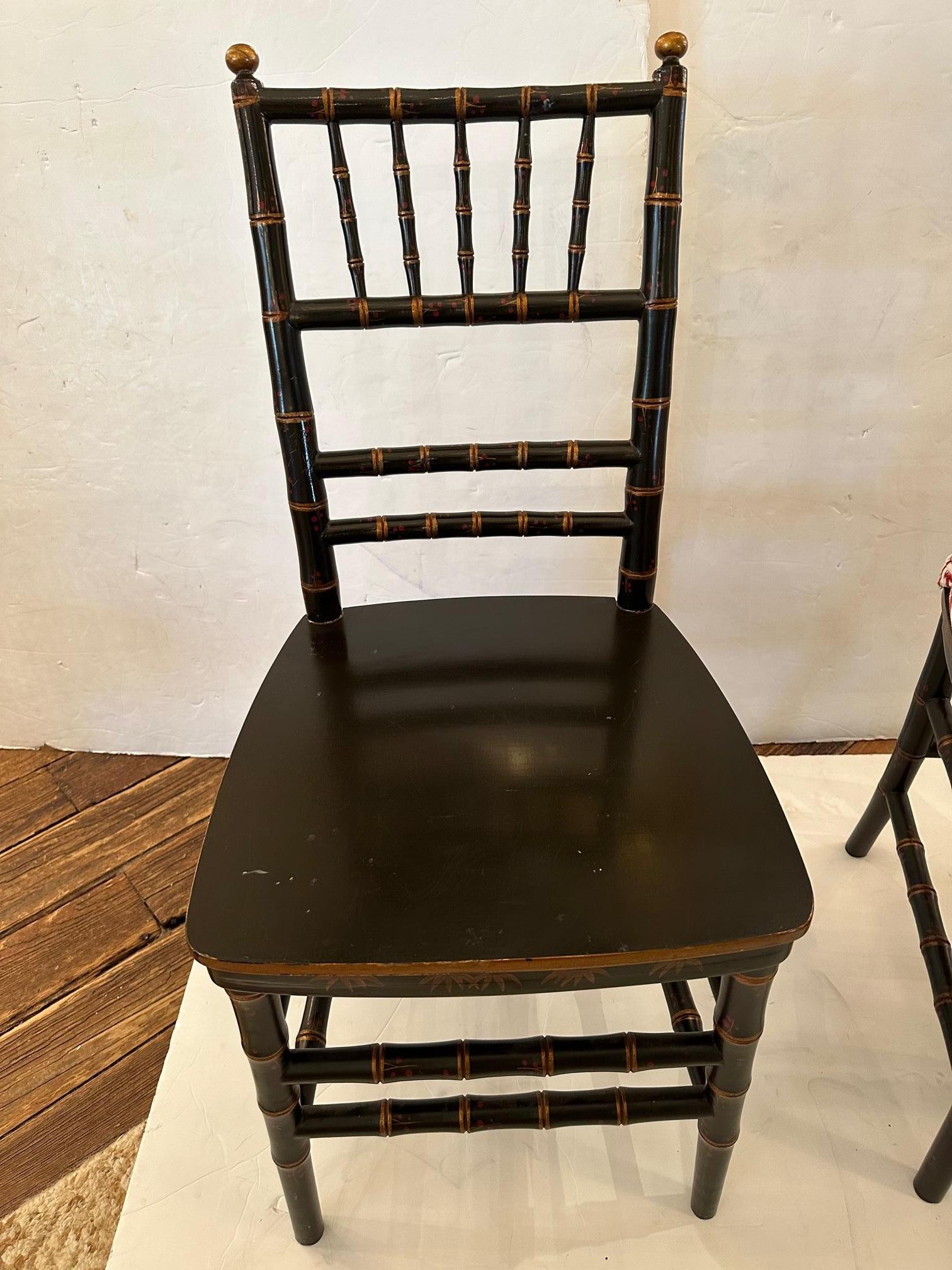 Upholstery Lovely Pair of Black Faux Bamboo Hand Painted Side Chairs with New Cushions For Sale