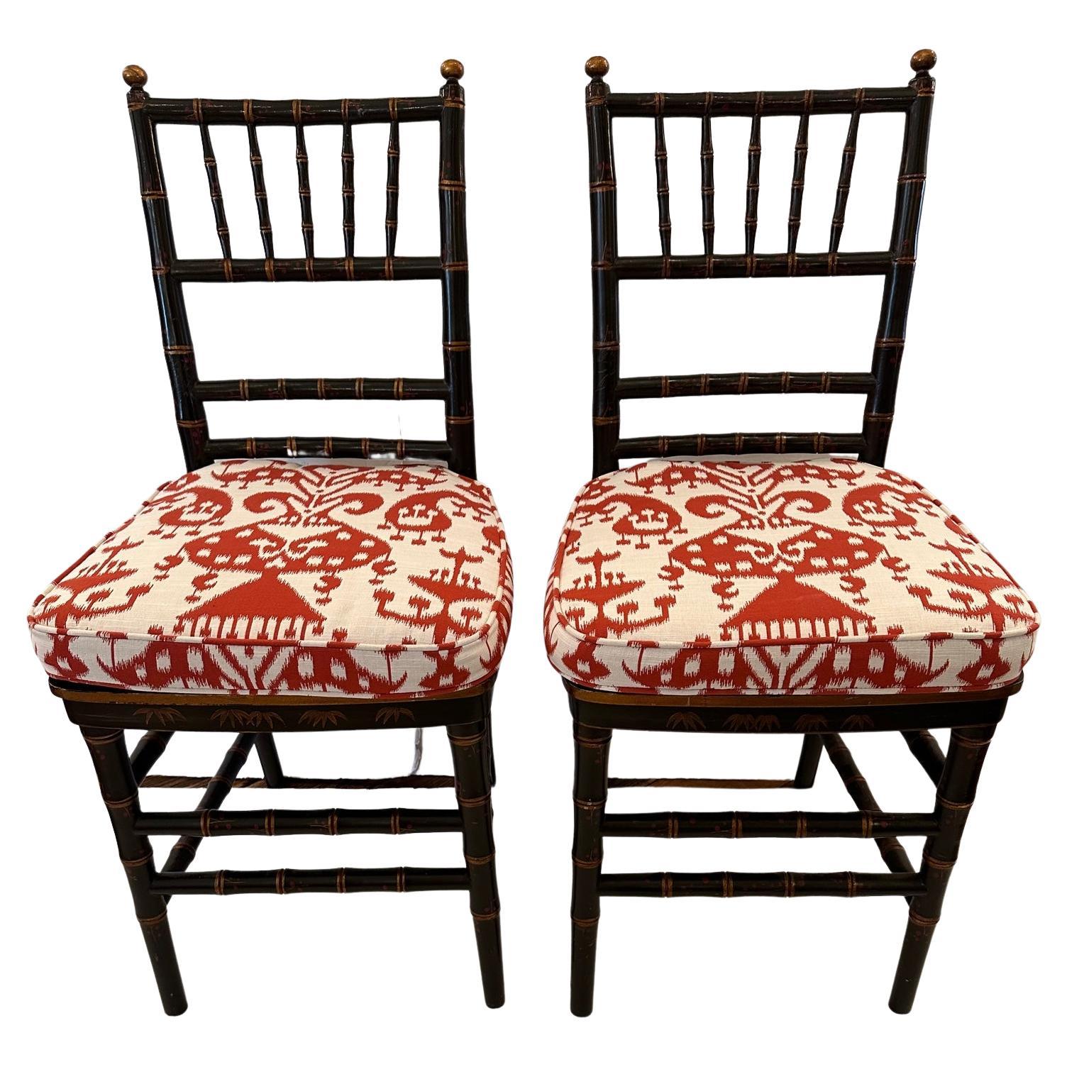 Lovely Pair of Black Faux Bamboo Hand Painted Side Chairs with New Cushions For Sale