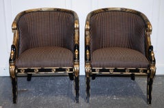 Lovely Pair Of Black Lacquered And Gilt Upholstered Open Armchairs