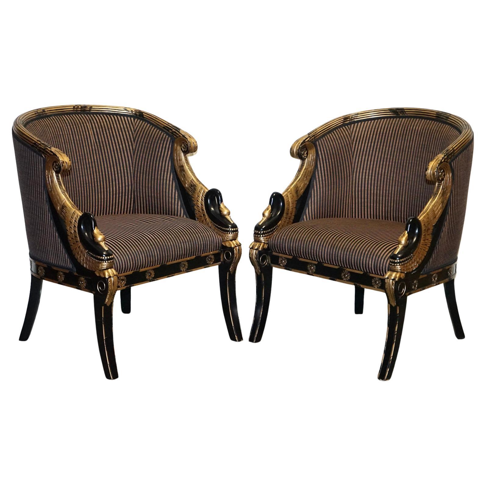 Lovely Pair Of Black Lacquered And Gilt Upholstered Open Armchairs