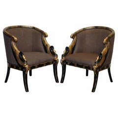 Lovely Pair Of Black Lacquered And Gilt Upholstered Open Armchairs