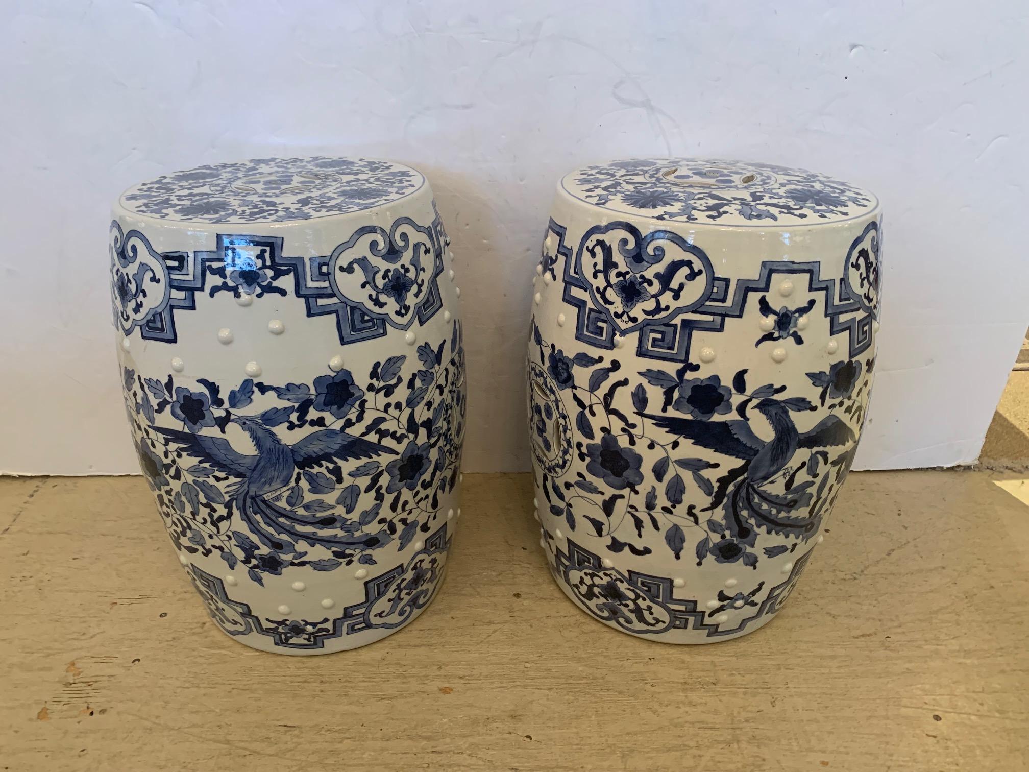 Lovely Pair of Blue and White Ceramic Chinese Garden Seats End Tables For Sale 2