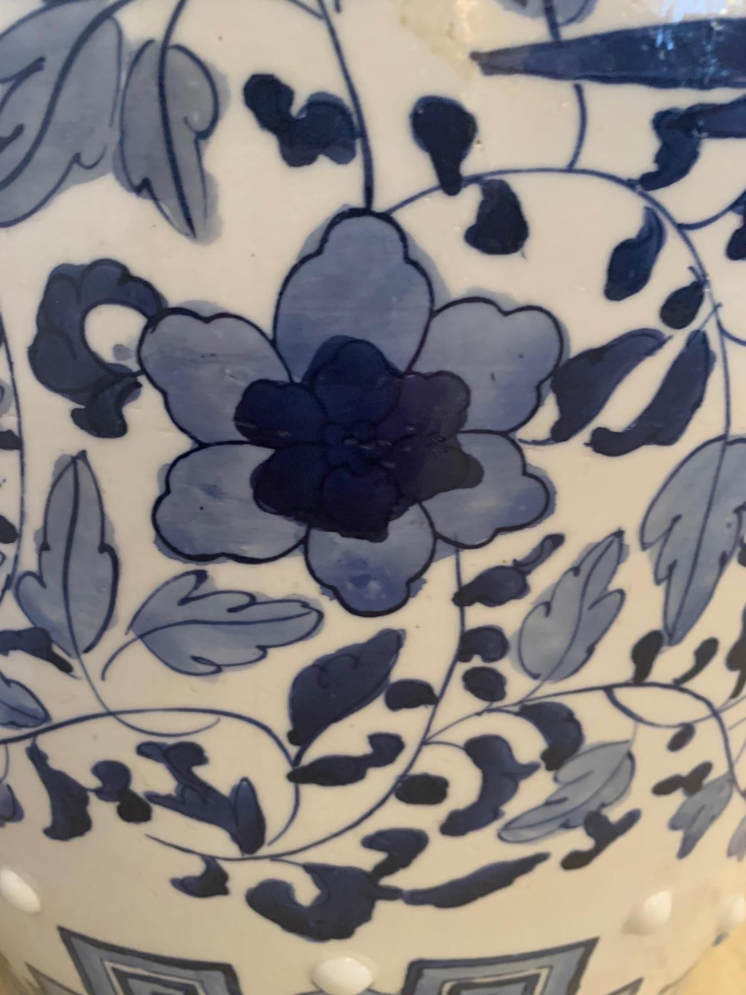 Mid-20th Century Lovely Pair of Blue and White Ceramic Chinese Garden Seats End Tables For Sale