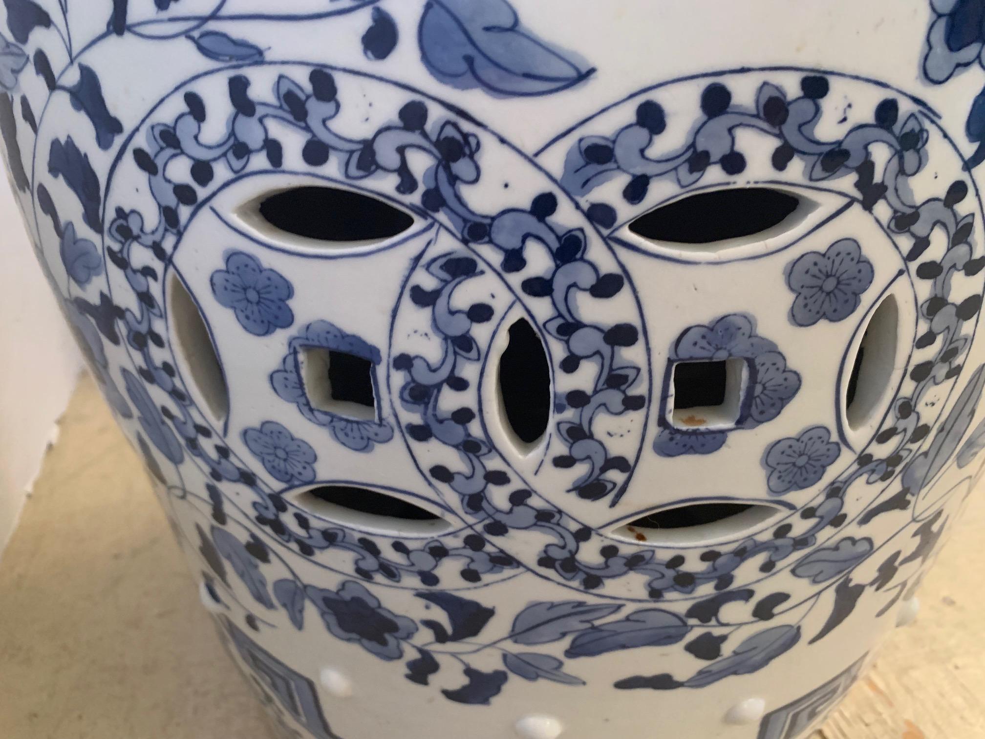 Lovely Pair of Blue and White Ceramic Chinese Garden Seats End Tables For Sale 1
