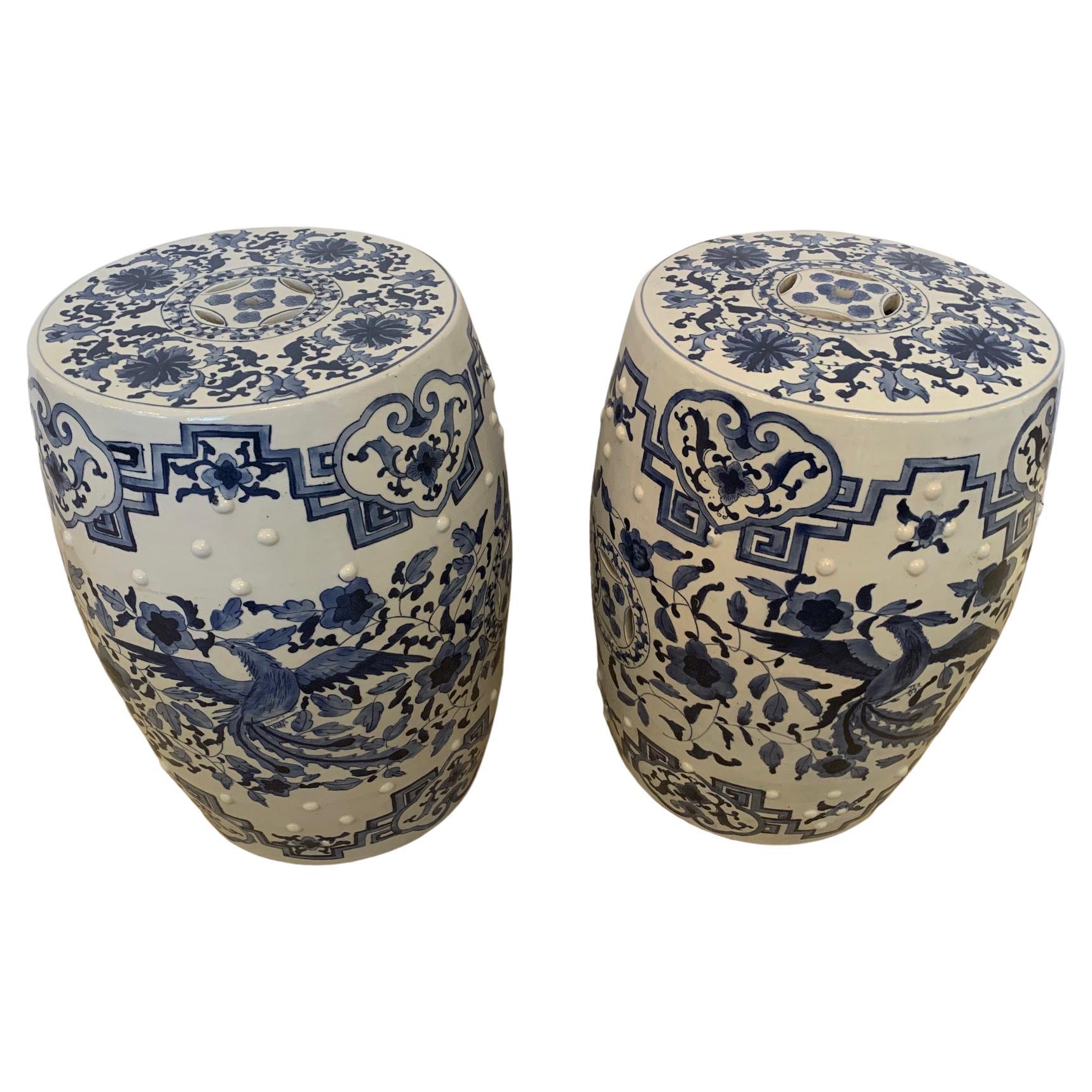 Lovely Pair of Blue and White Ceramic Chinese Garden Seats End Tables