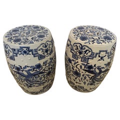 Vintage Lovely Pair of Blue and White Ceramic Chinese Garden Seats End Tables