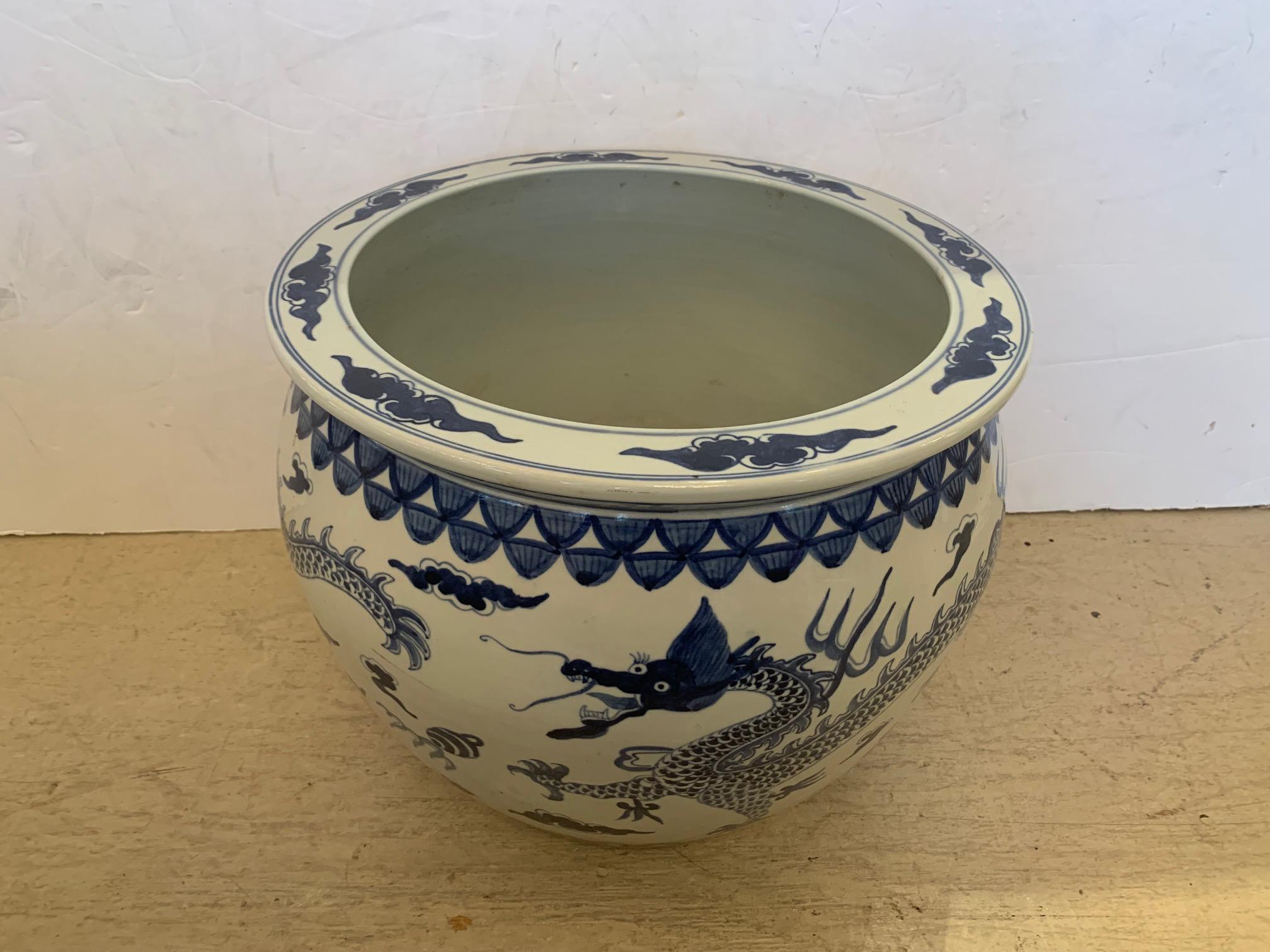 Lovely Pair of Blue & White Chinese Ceramic Planters In Good Condition In Hopewell, NJ