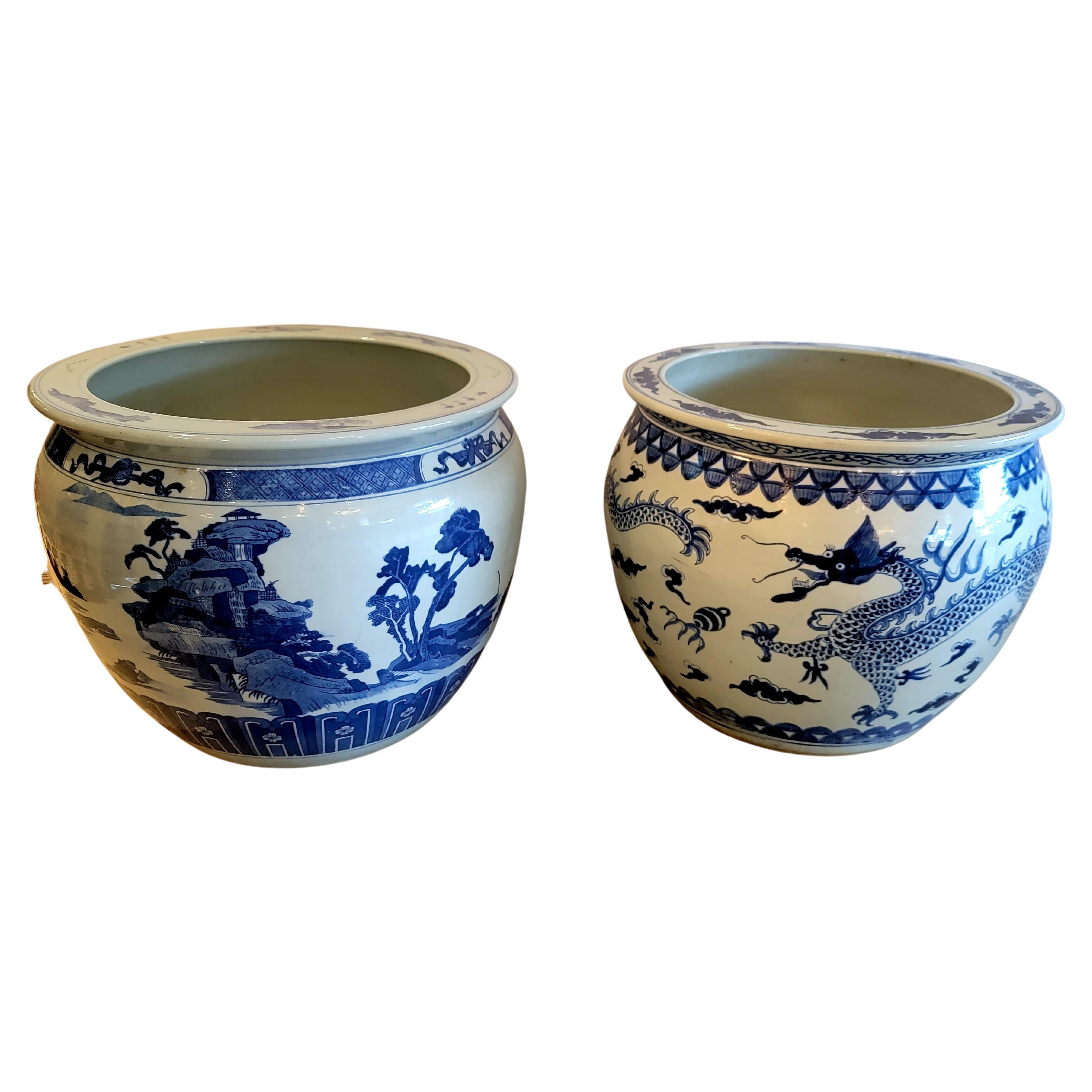 Lovely Pair of Blue & White Chinese Ceramic Planters