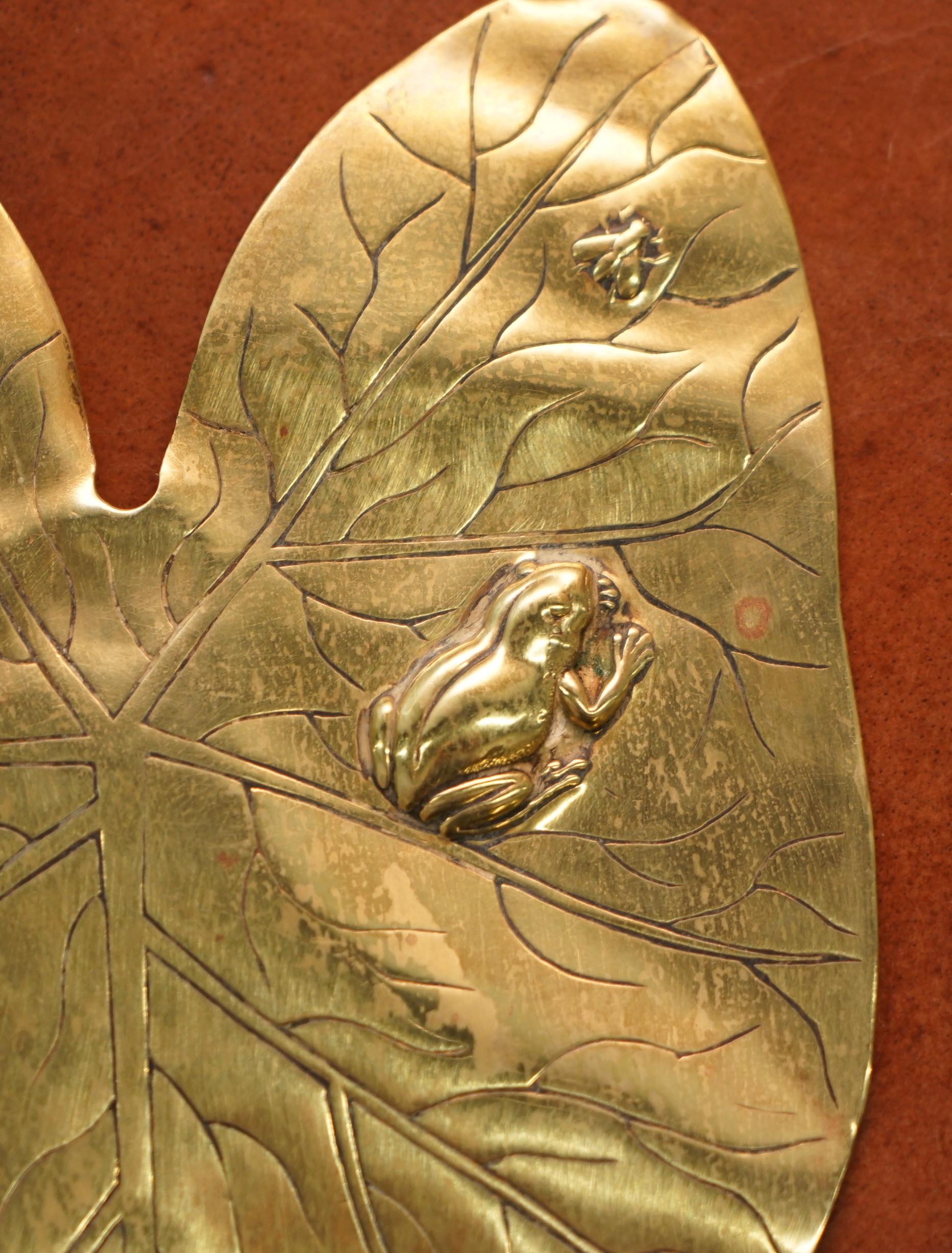 Lovely Pair of Brass Wall Plaques of Lily Pads with Frogs Chasing Flys Stamped 1