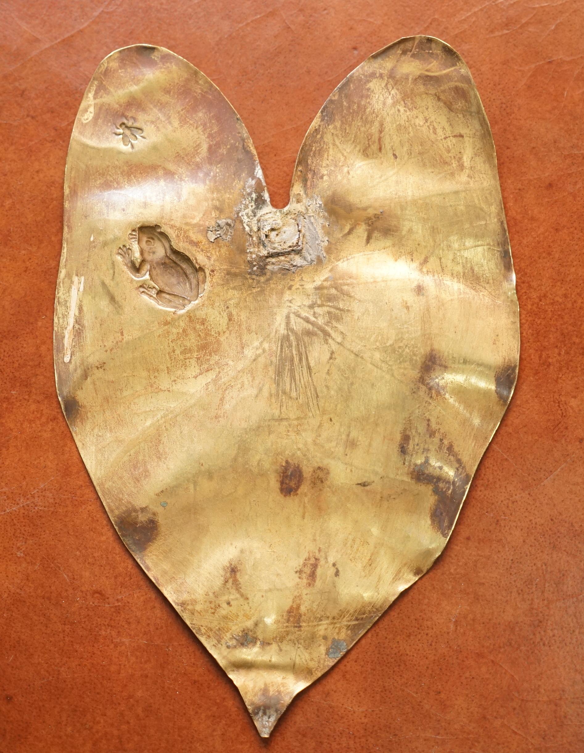 Lovely Pair of Brass Wall Plaques of Lily Pads with Frogs Chasing Flys Stamped 4