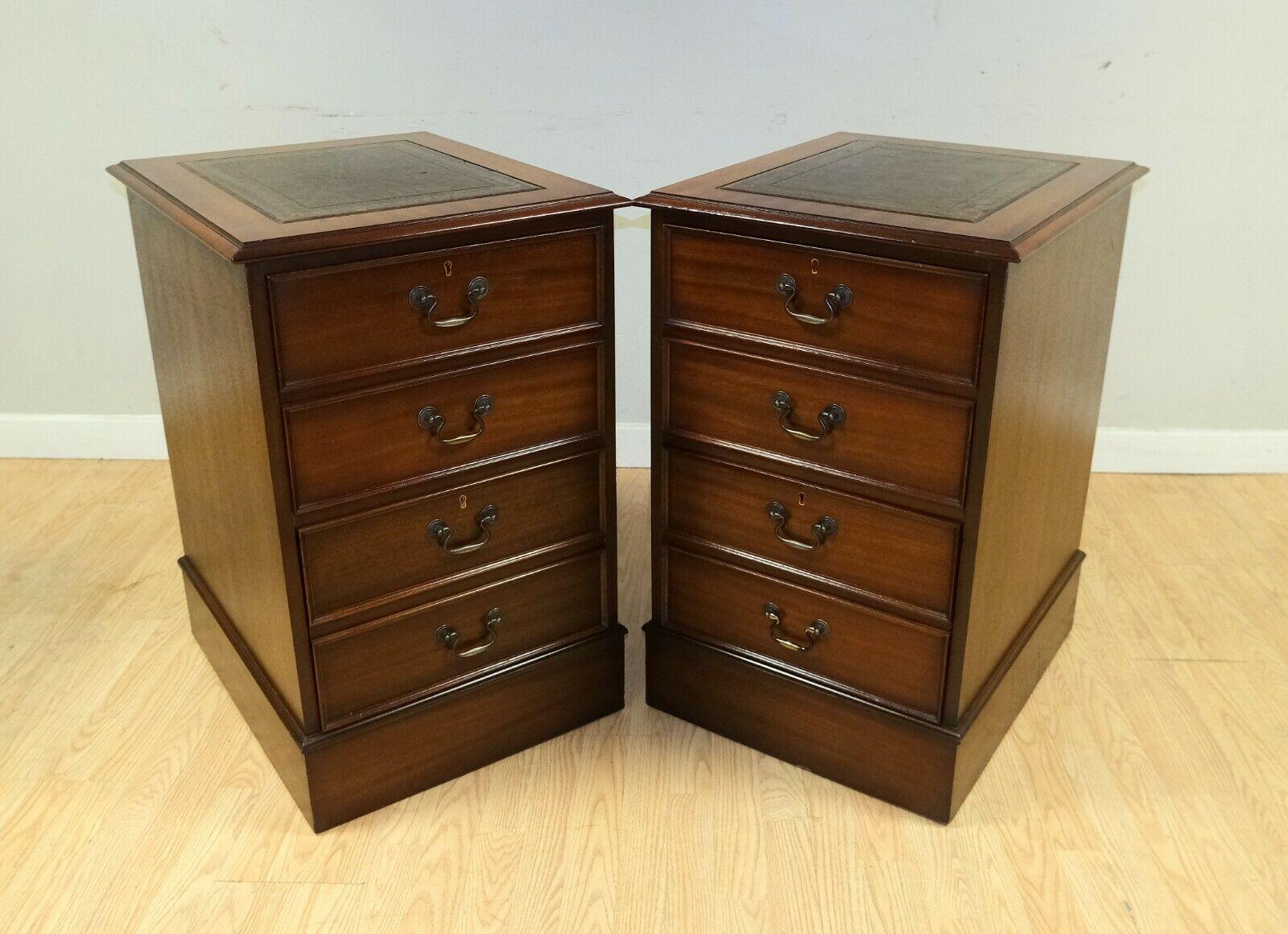 Lovely Pair of Brown Hardwood Filing Cabinets with Green Gold Leaf Leather Top For Sale 4