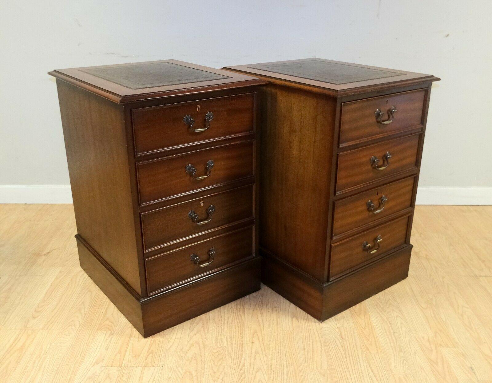 Victorian Lovely Pair of Brown Hardwood Filing Cabinets with Green Gold Leaf Leather Top For Sale