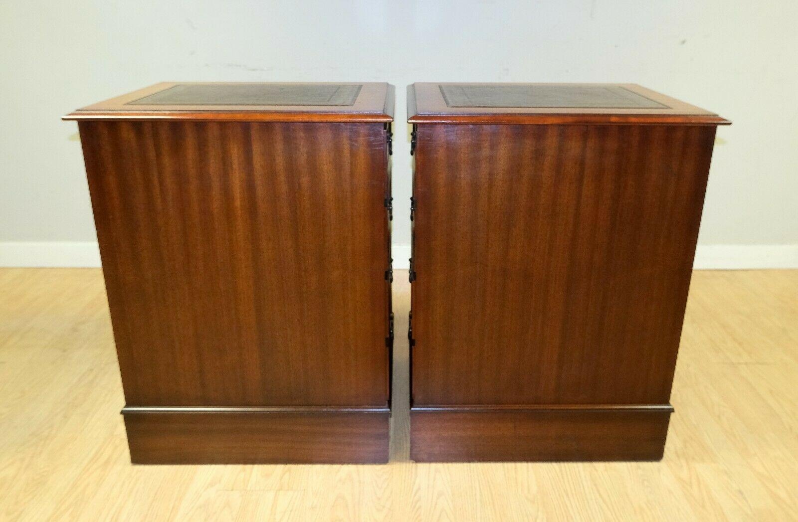 English Lovely Pair of Brown Hardwood Filing Cabinets with Green Gold Leaf Leather Top