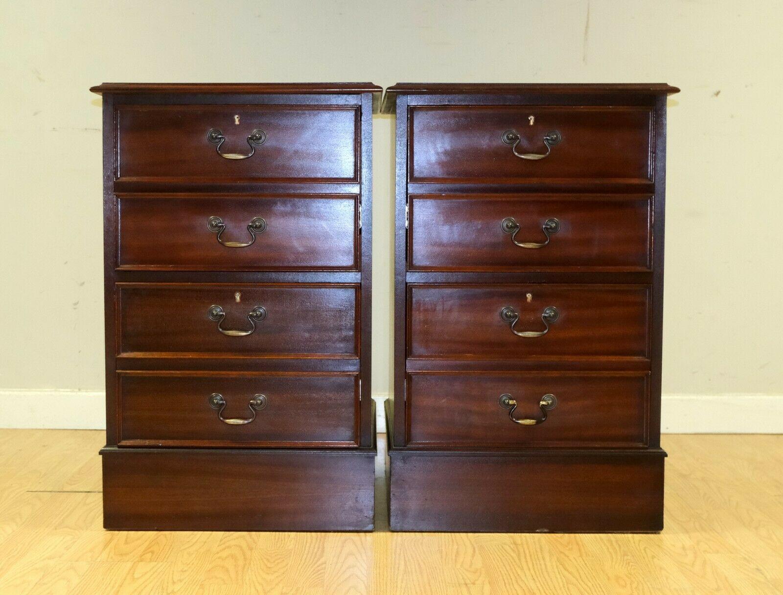 Hand-Crafted Lovely Pair of Brown Hardwood Filing Cabinets with Green Gold Leaf Leather Top For Sale