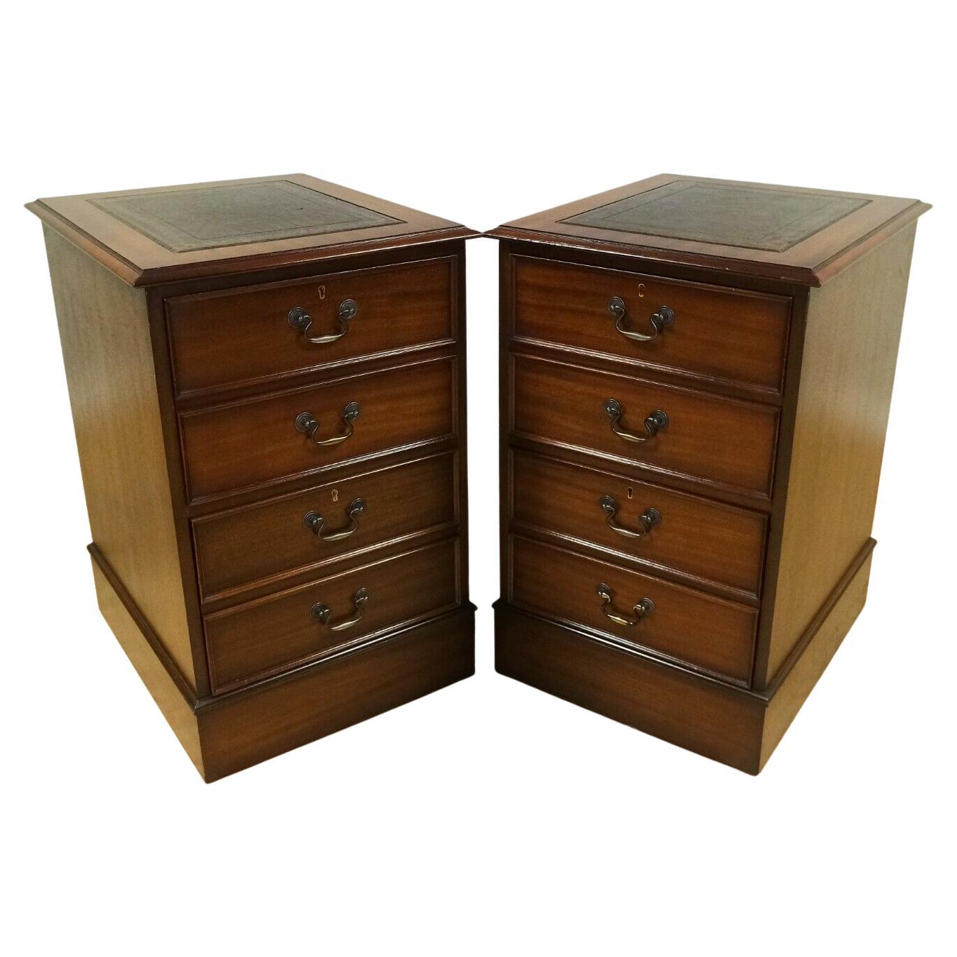 Lovely Pair of Brown Mahogany Filing Cabinets with Green Gold Leaf Leather Top