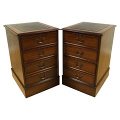 Lovely Pair of Brown Hardwood Filing Cabinets with Green Gold Leaf Leather Top