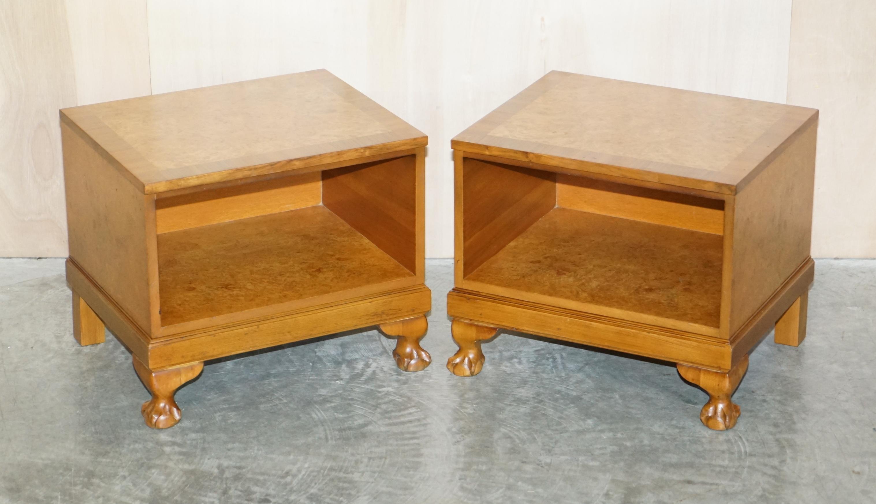 We are delighted to offer for sale this lovely pair of burr & burl walnut side end tables with magazine storage and claw & ball feet.

These are a very fine and well made pair, they are utilitarian, sitting and working well in almost any setting.
