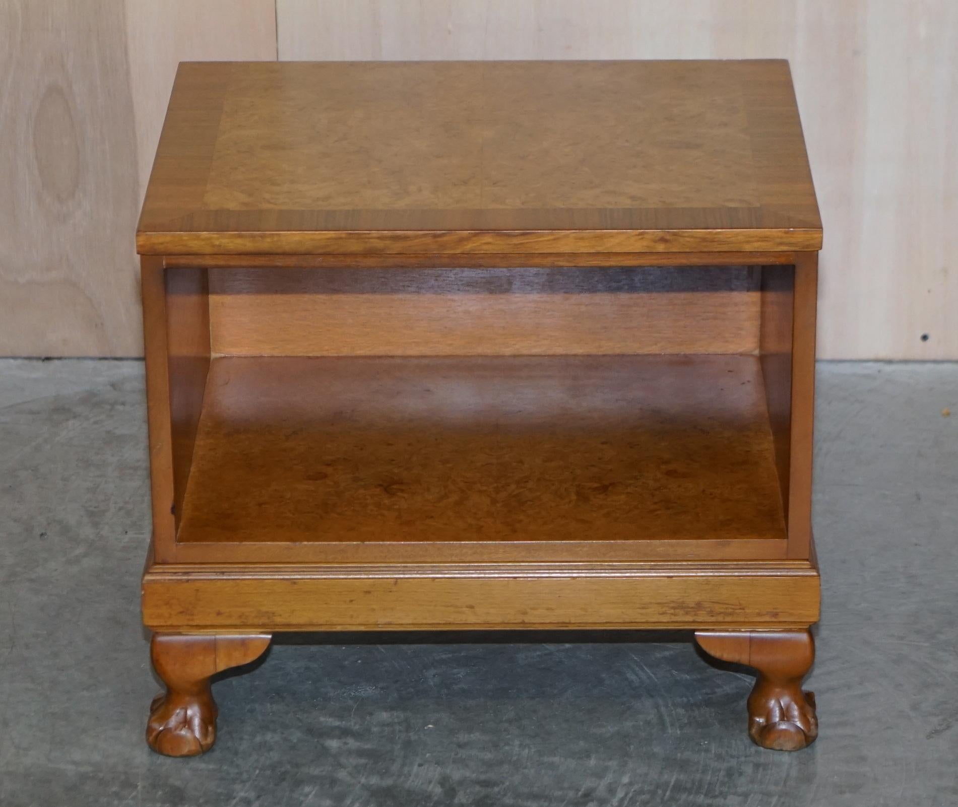 English Lovely Pair of Burr & Burl Walnut, Claw & Ball Foot, Side End Lamp Wine Tables For Sale