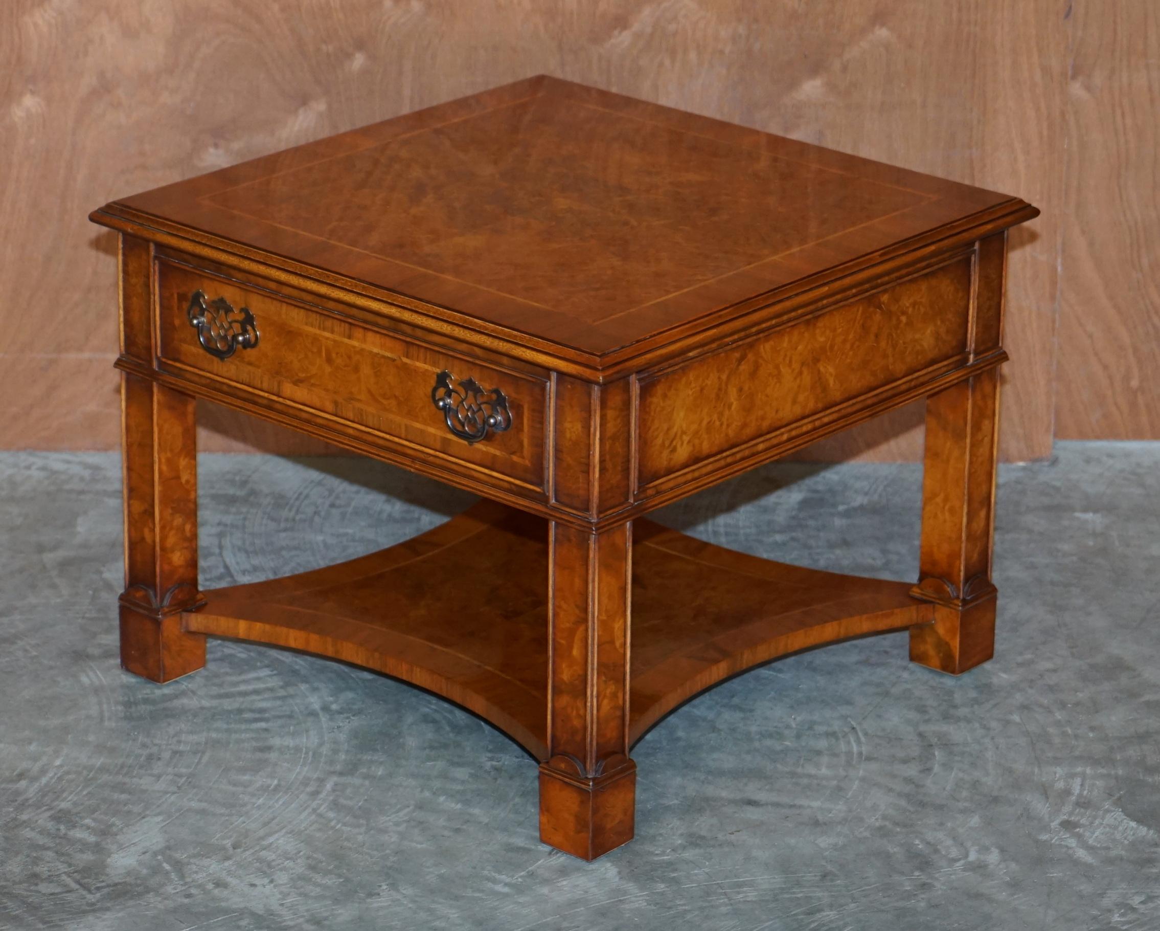 We are delighted to offer for sale this stunning pair of Brights of Nettlebed burr walnut large side tables with single drawers

I have the matching large coffee table listed under my other items as well

A good looking well made and decorative