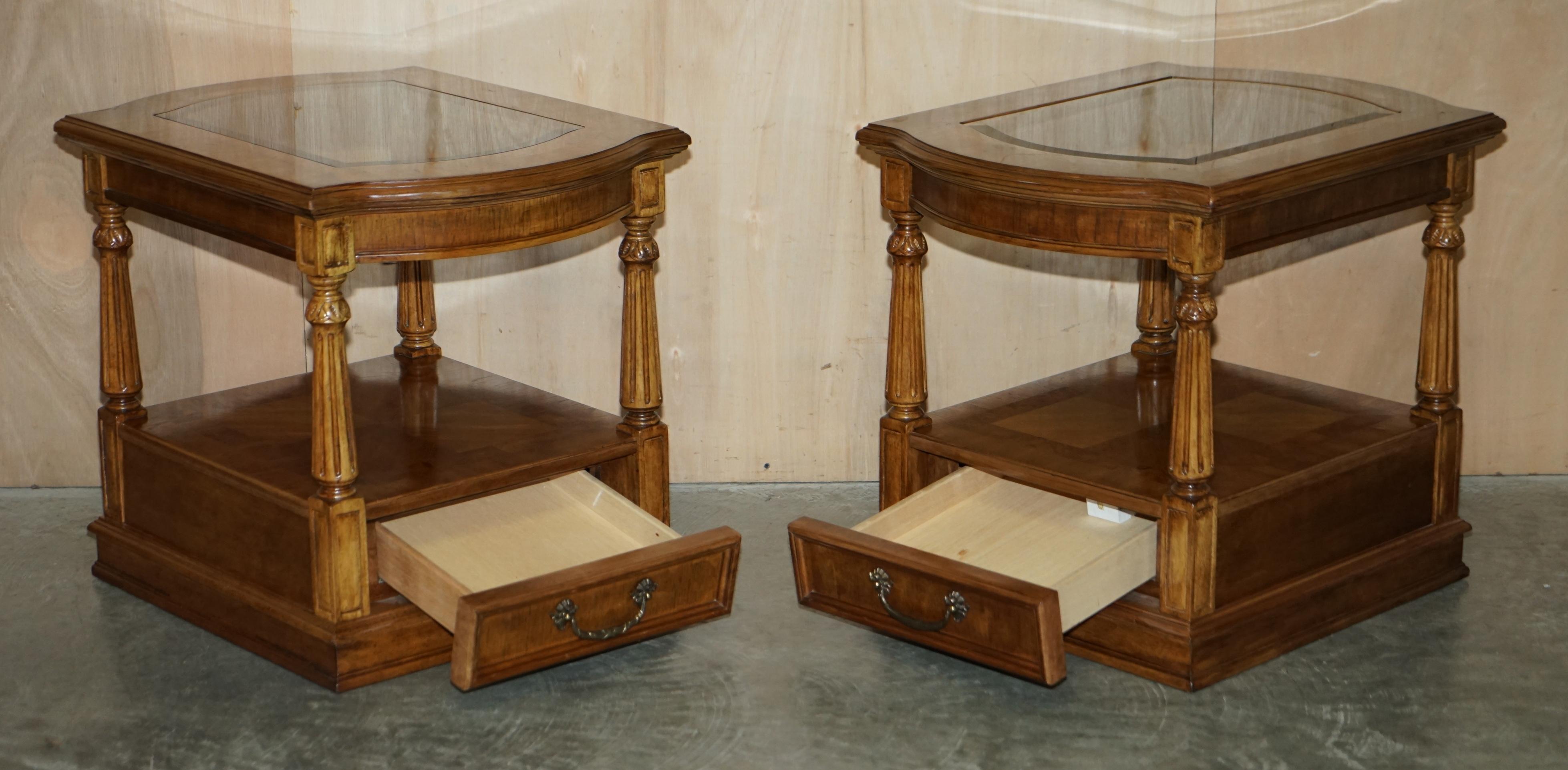Lovely Pair of Burr Walnut with Glass Tops Large Side End Lamp Wine Tables 12