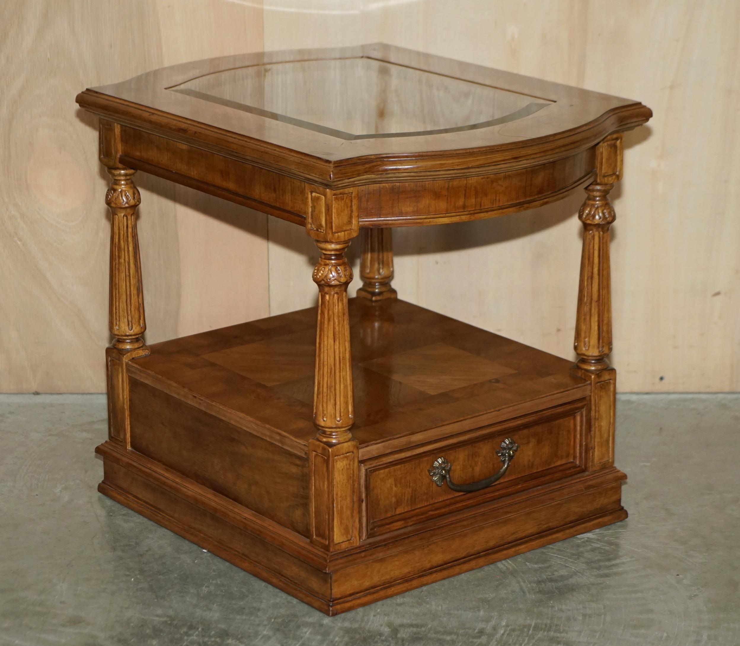 We are delighted to offer for sale this stunning pair of glass topped burr walnut single drawer side tables 

I have the matching large coffee table listed under my other items as well

A good looking well made and decorative pair, the timber