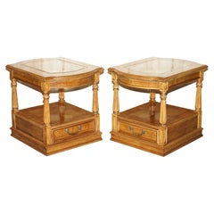 Vintage Lovely Pair of Burr Walnut with Glass Tops Large Side End Lamp Wine Tables