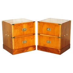 LOVELY PAiR OF BURR YEW WOOD GREEN LEATHER MILITARY CAMPAIGN NIGHTSTAND DRAWERS