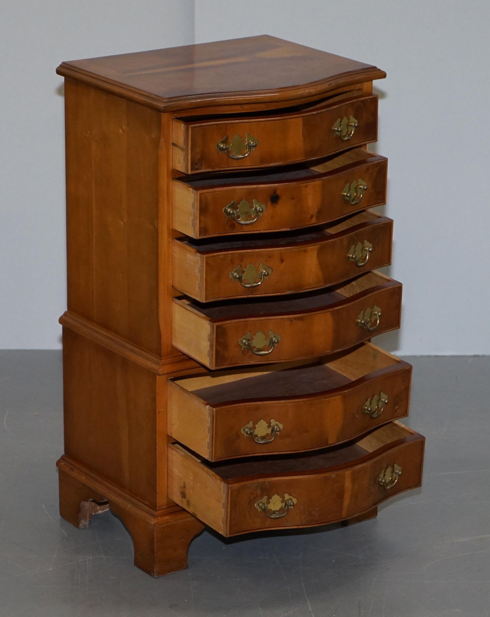 Lovely Pair of Burr Yew Wood Small Sized Tallboy Chests of Drawers Lamp Tables For Sale 4