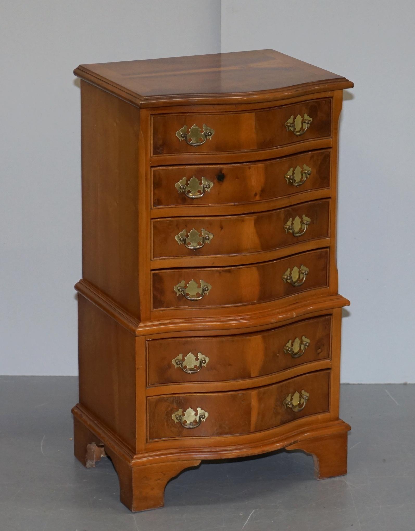 We are delighted to offer for sale this lovely pair of vintage Burr Yew wood tall boy chests of drawers

These are large side table sized, not full huge bedroom tall boys, these are designed to use in a living area with a lamp and a glass of wine