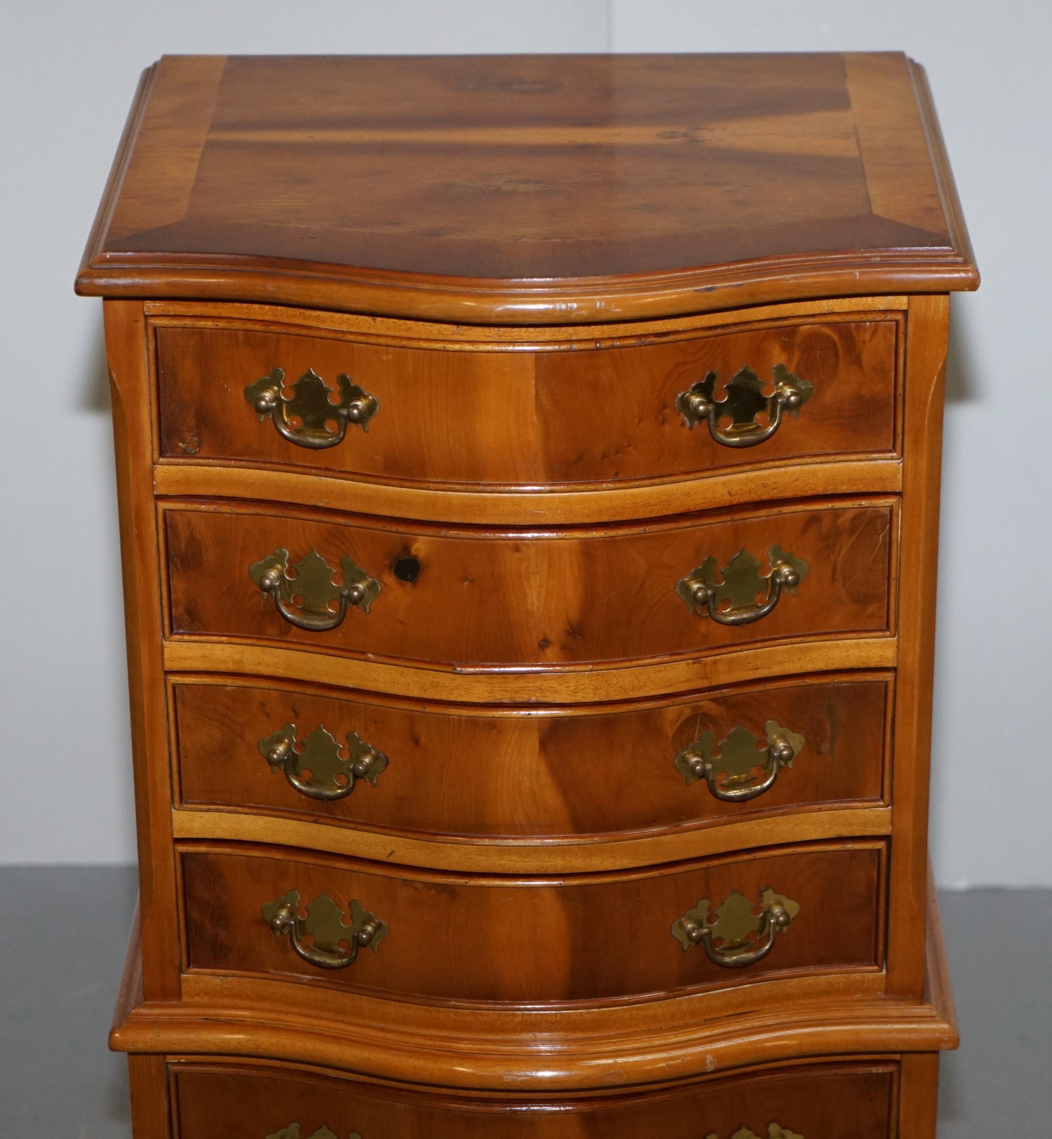 Hand-Crafted Lovely Pair of Burr Yew Wood Small Sized Tallboy Chests of Drawers Lamp Tables For Sale