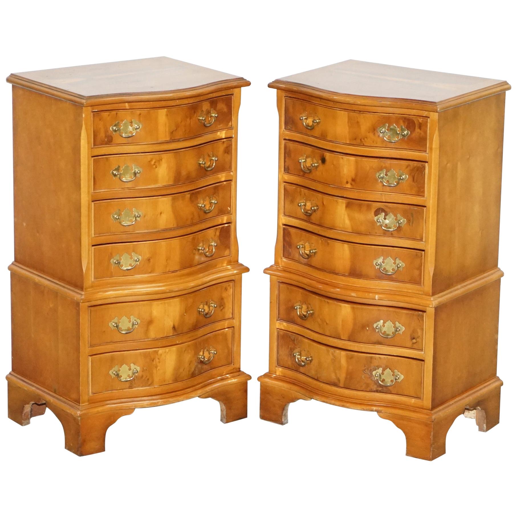 Lovely Pair of Burr Yew Wood Small Sized Tallboy Chests of Drawers Lamp Tables For Sale