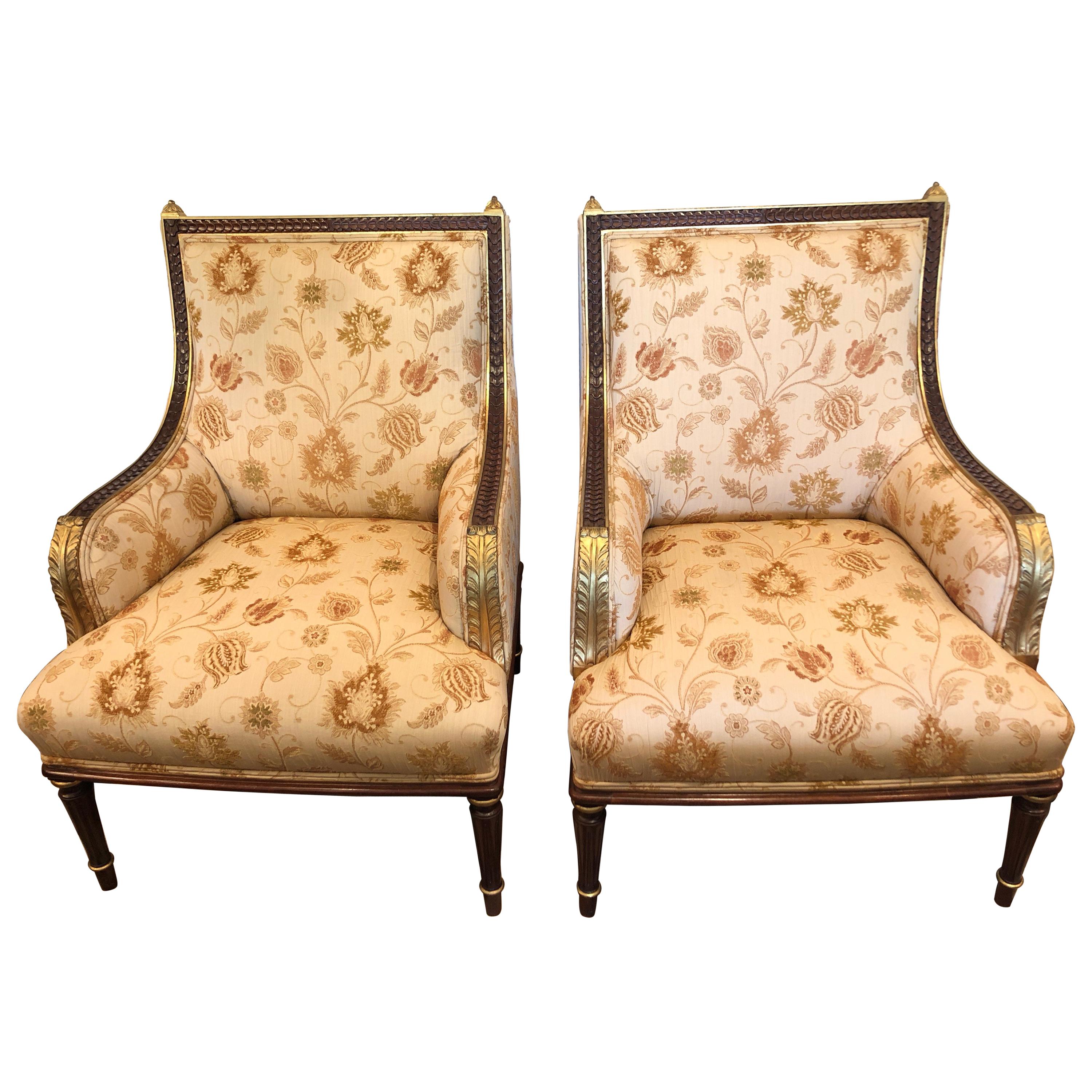 Lovely Pair of Carved Gilded Wood and Upholstered French Bergère