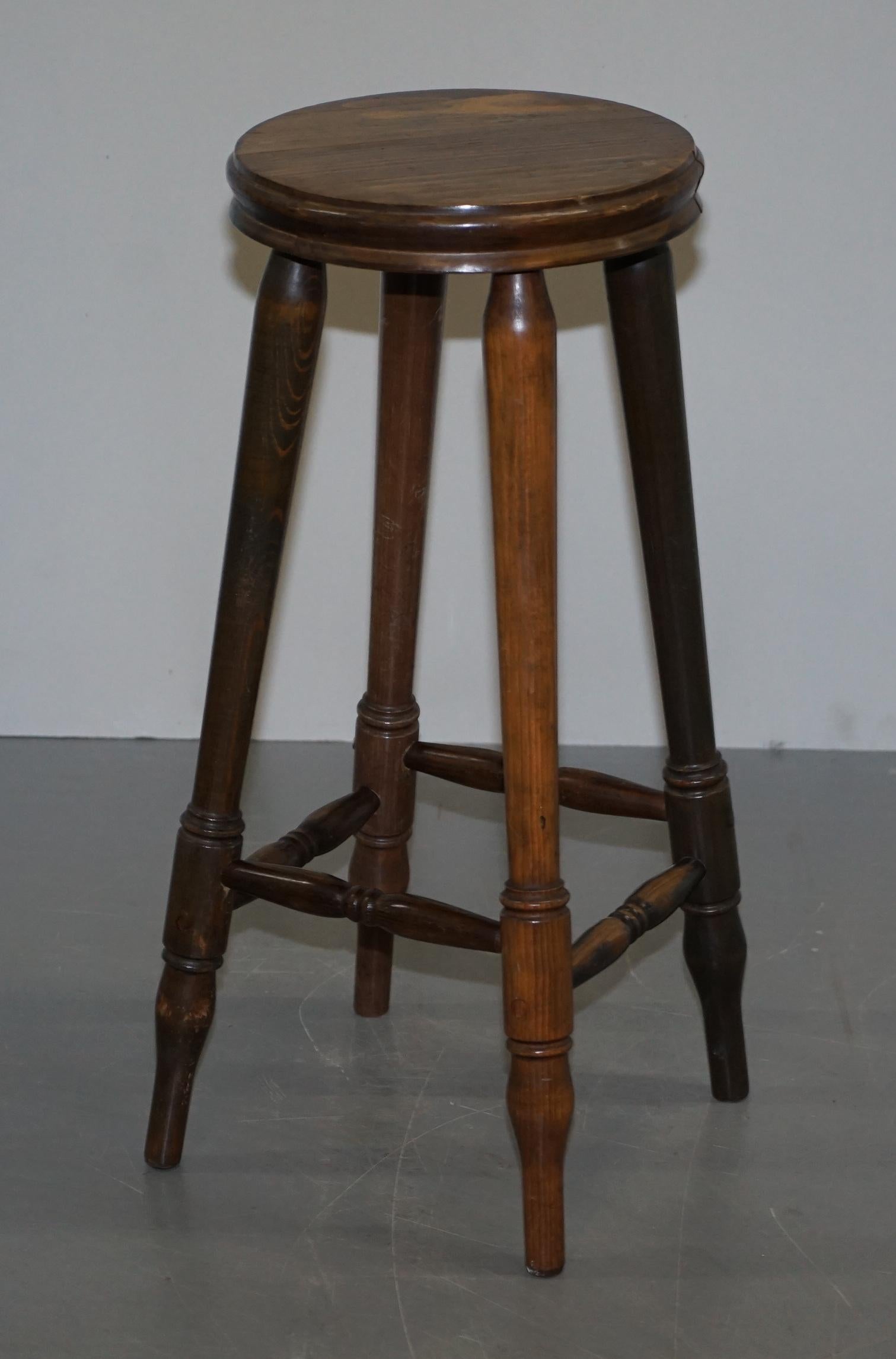 Lovely Pair of circa 1950s English Oak Bar Stools Nice Timber Patina 2