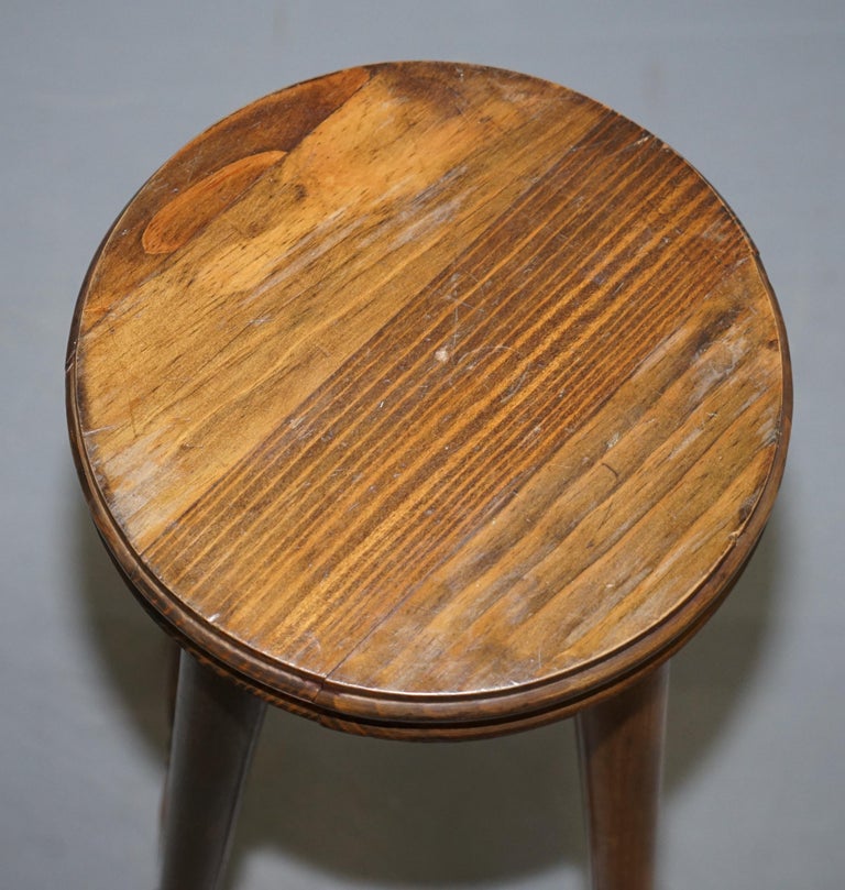 Lovely Pair of circa 1950s English Oak Bar Stools Nice Timber Patina at