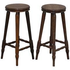 Lovely Pair of circa 1950s English Oak Bar Stools Nice Timber Patina