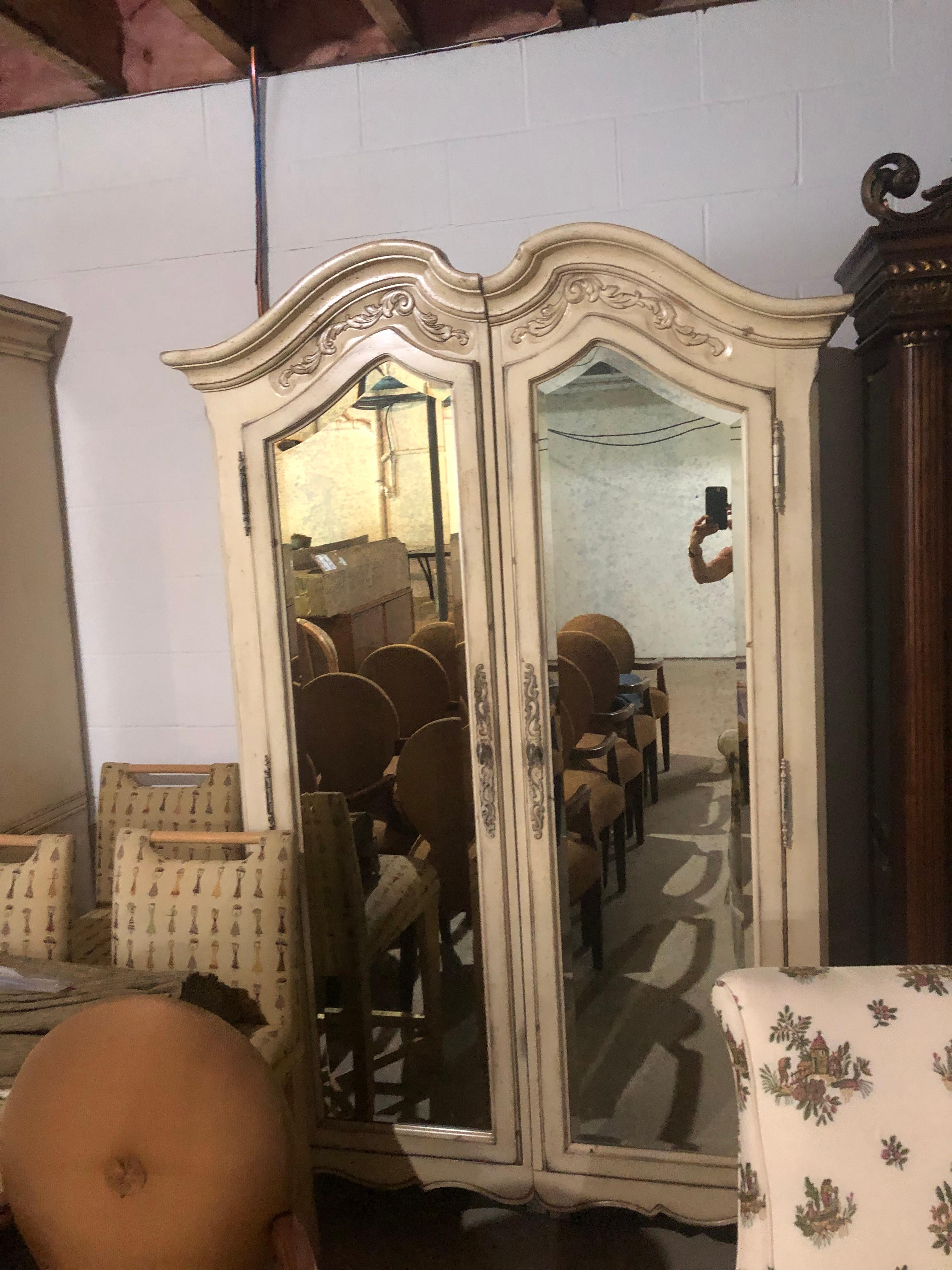 Lovely Pair of Cream Painted and Mirrored Armoires 1