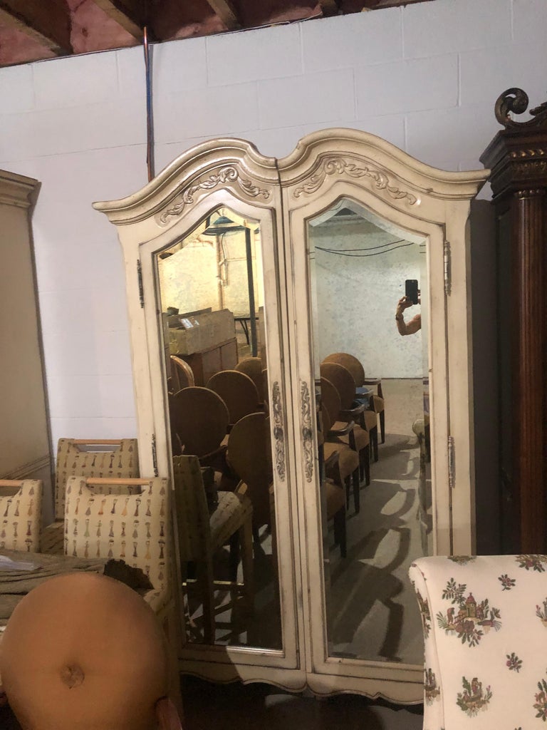 Lovely Pair of Cream Painted and Mirrored Armoires For Sale at 1stDibs