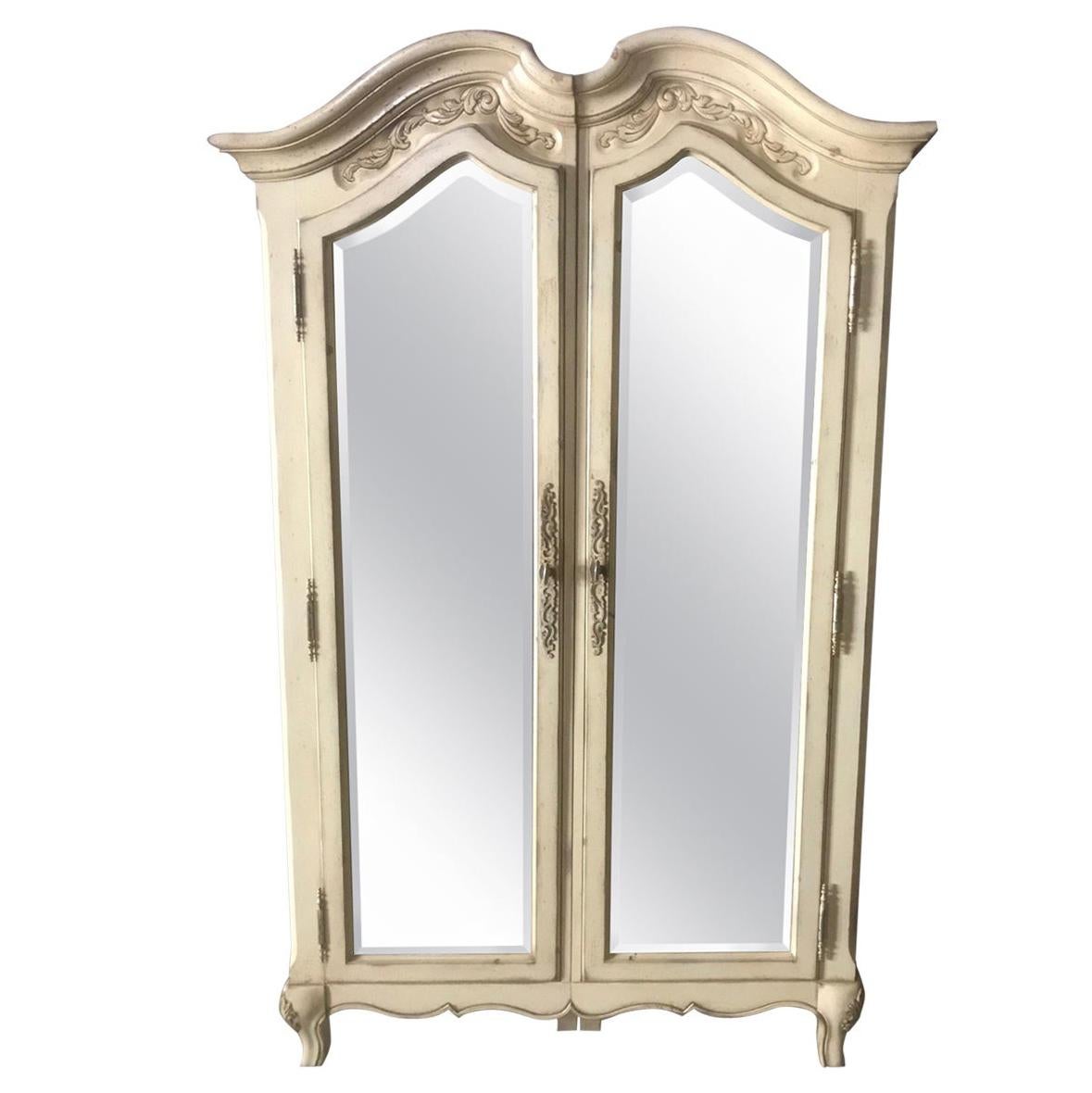 Lovely Pair of Cream Painted and Mirrored Armoires