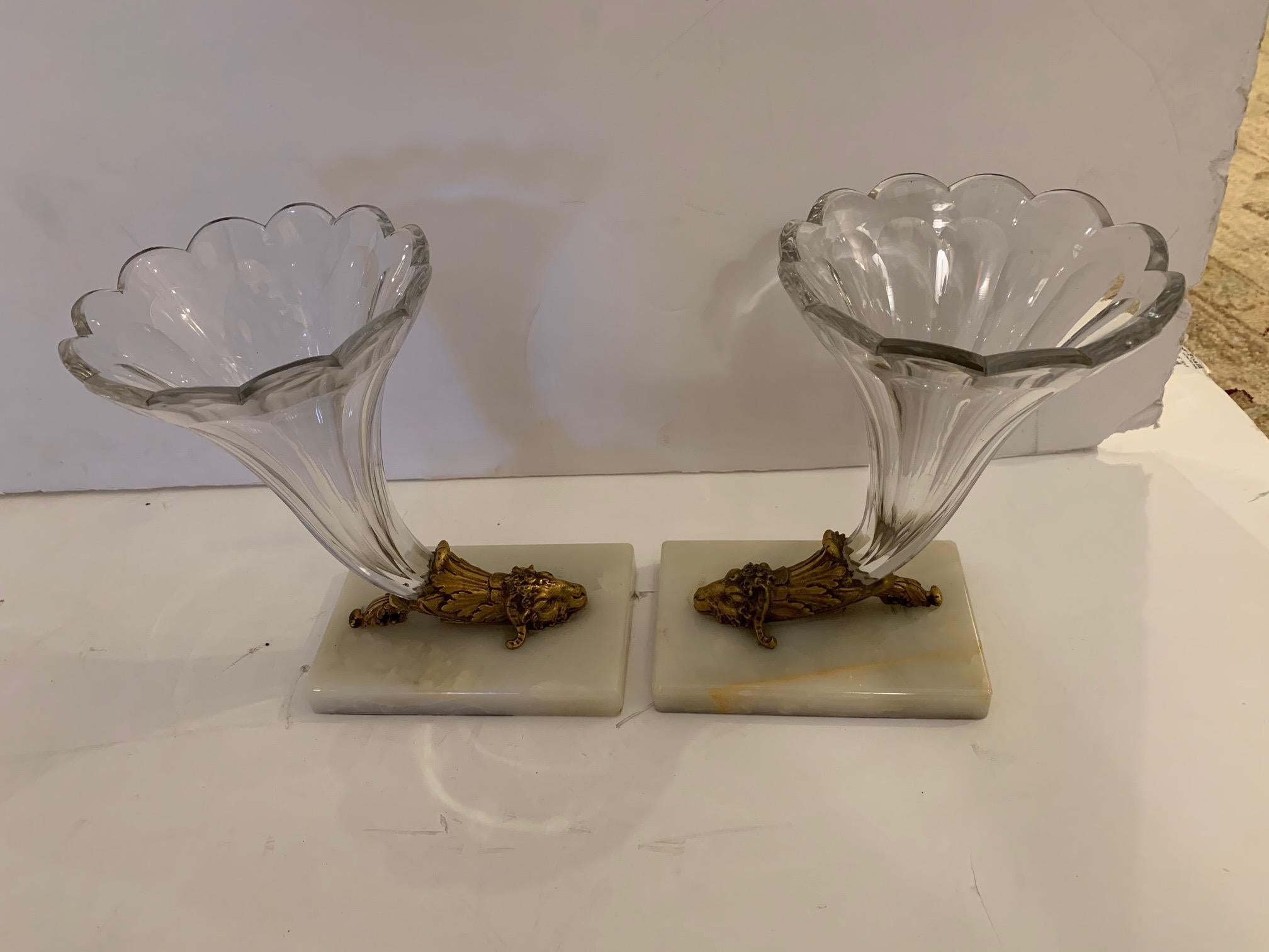 Lovely Pair of Cut Glass Marble and Bronze Cornucopia For Sale 6