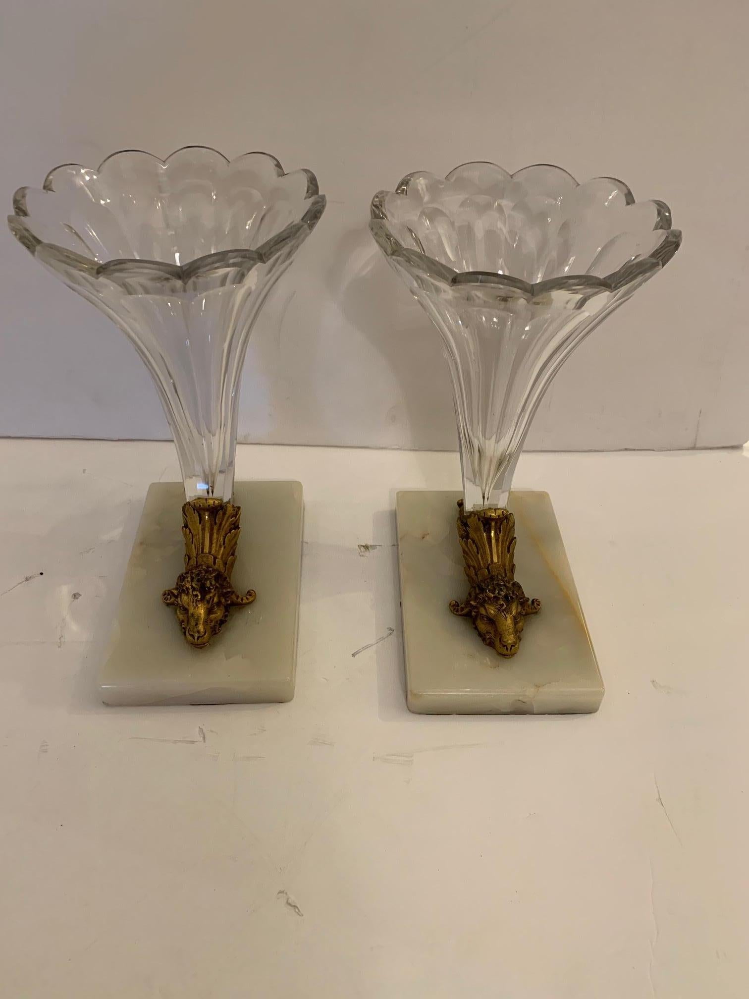 Mid-20th Century Lovely Pair of Cut Glass Marble and Bronze Cornucopia For Sale