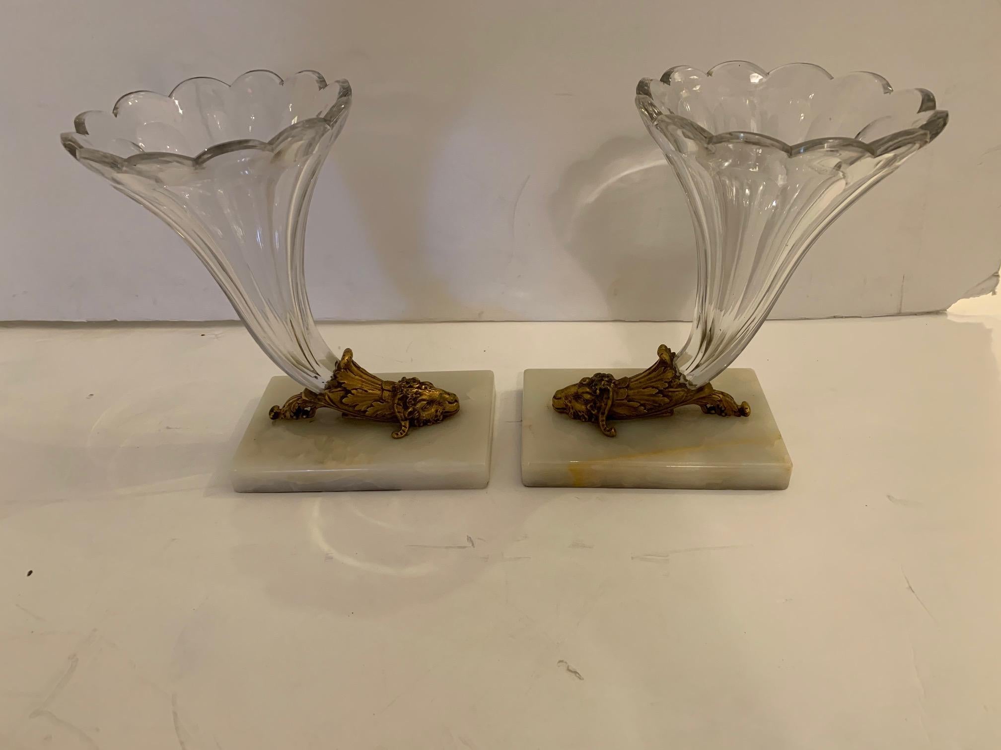 Lovely Pair of Cut Glass Marble and Bronze Cornucopia For Sale 2