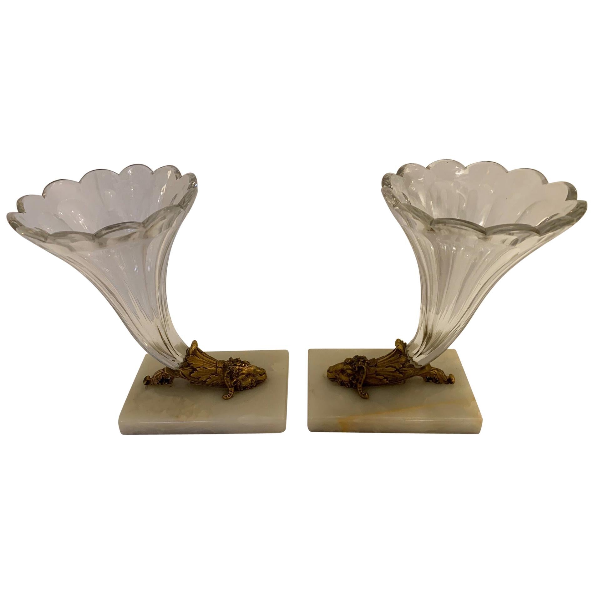 Lovely Pair of Cut Glass Marble and Bronze Cornucopia