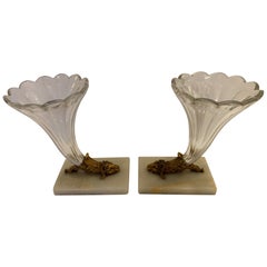 Vintage Lovely Pair of Cut Glass Marble and Bronze Cornucopia