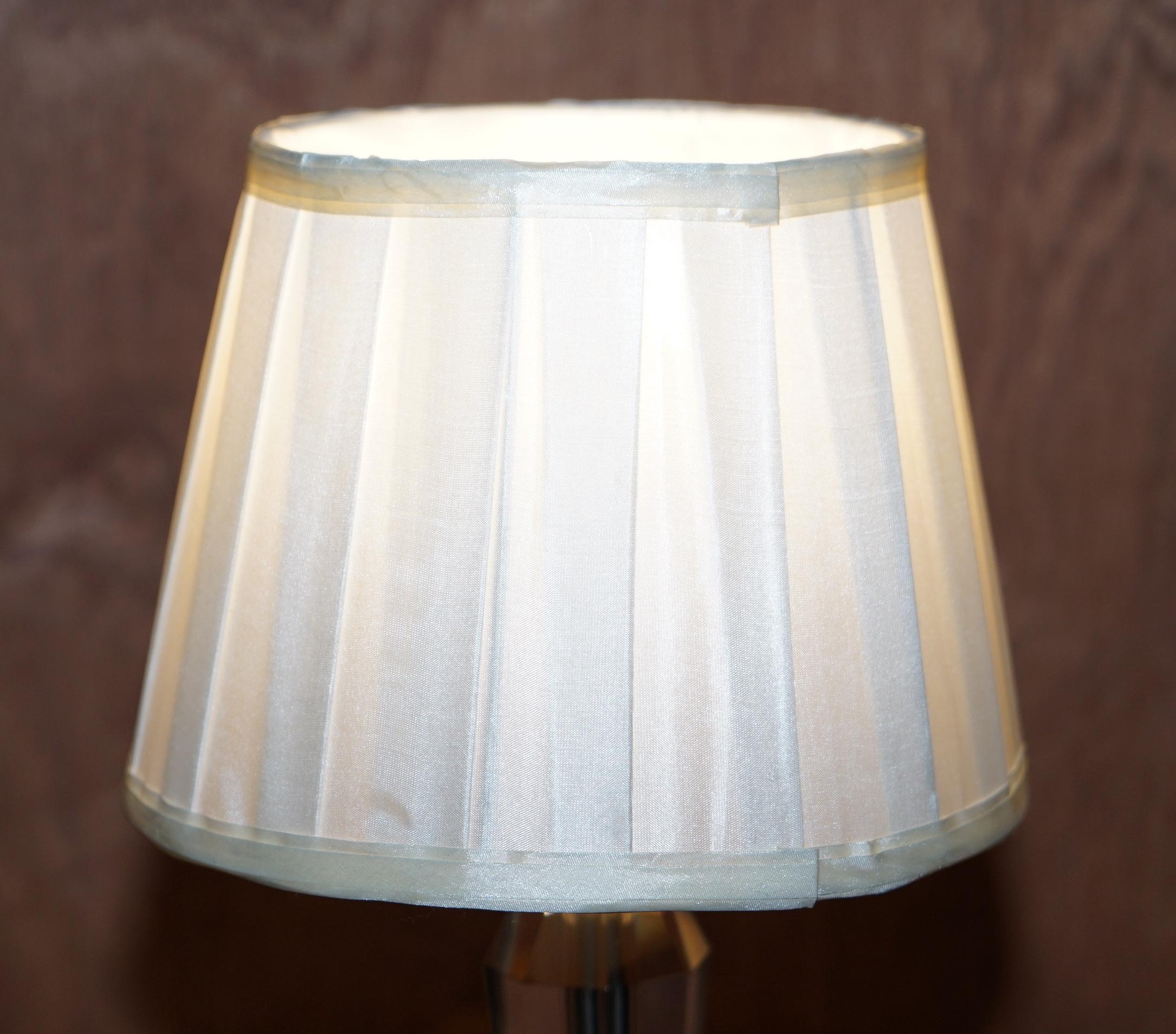 Hand-Crafted Lovely Pair of Cut Glass Small Table Lamps with Original Shades in Nos Condition