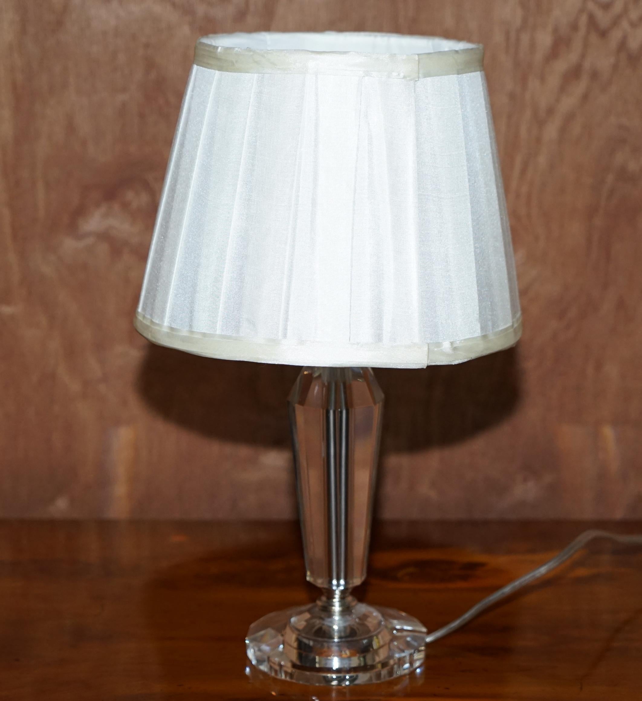 20th Century Lovely Pair of Cut Glass Small Table Lamps with Original Shades in Nos Condition