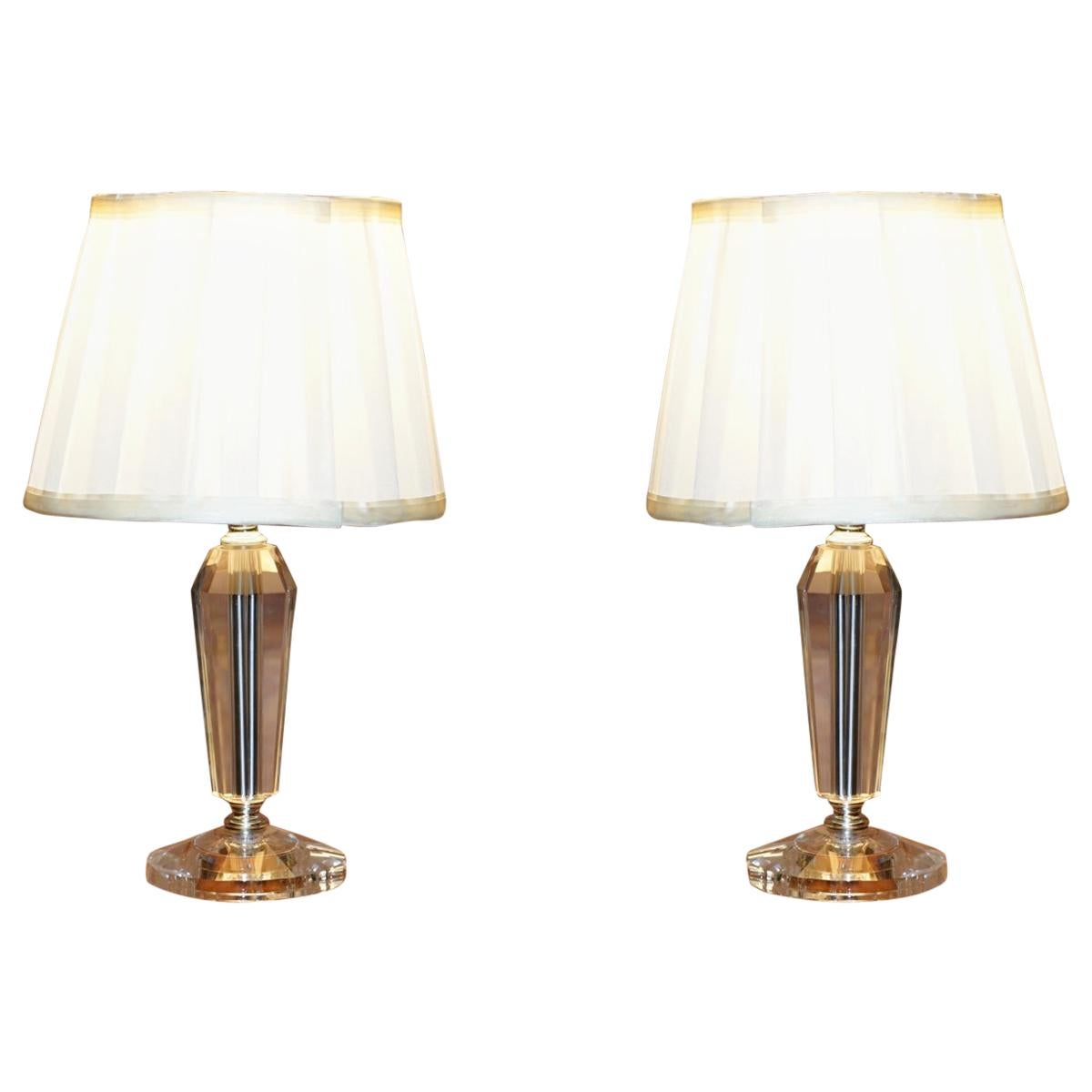 Lovely Pair of Cut Glass Small Table Lamps with Original Shades in Nos Condition