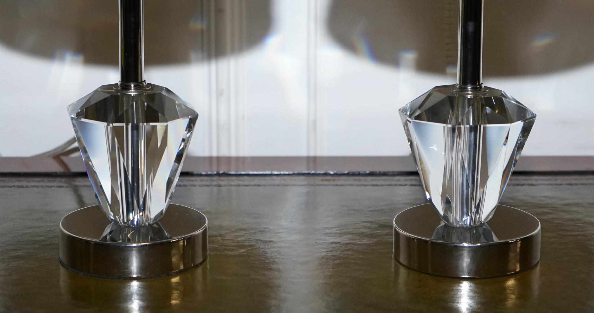 Stainless Steel LOVELY PAIR OF DIAMOND GLASS DESIGN ON STAiNLESS STEEL BASE BABY BLUE SHADES For Sale