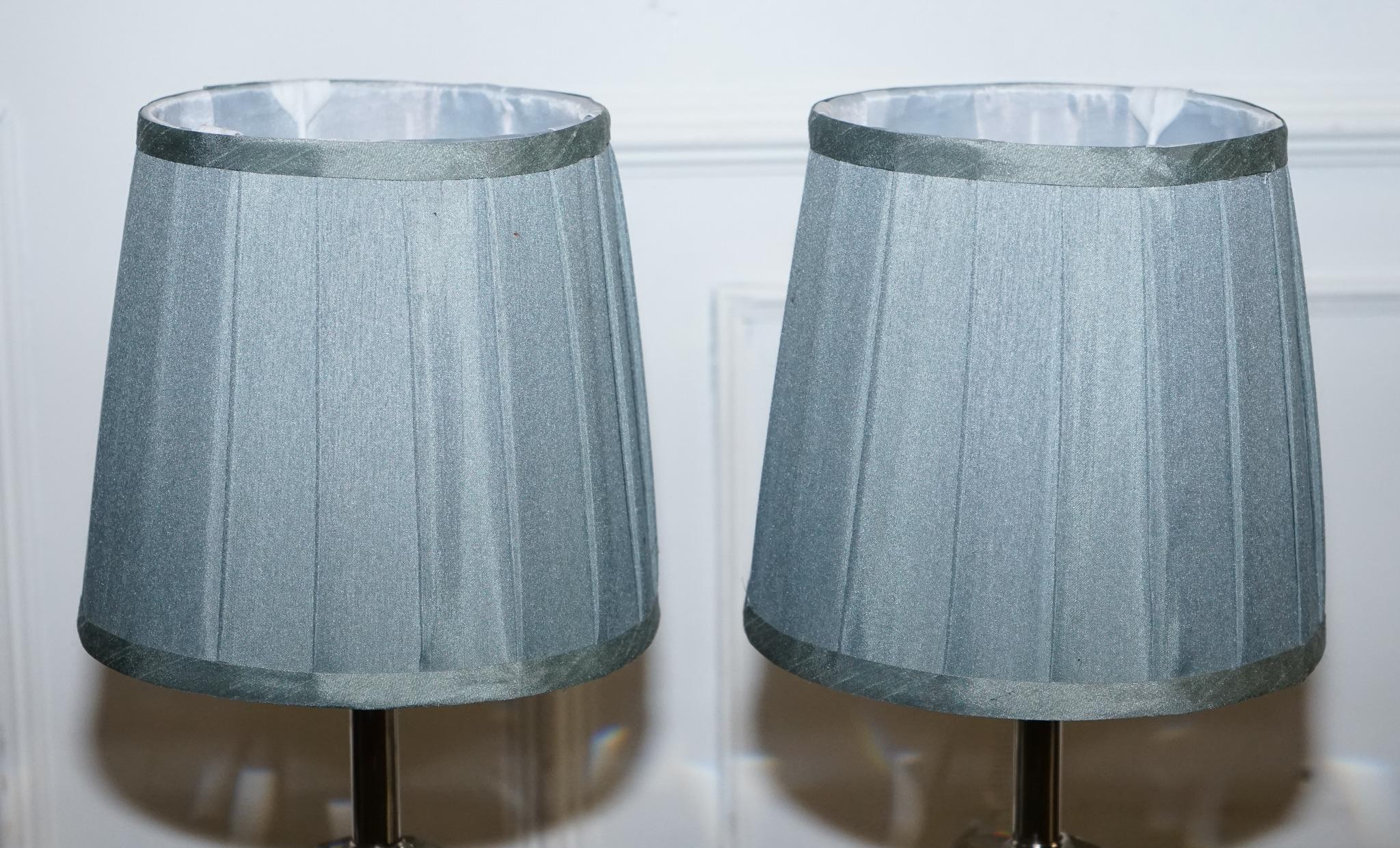 LOVELY PAIR OF DIAMOND GLASS DESIGN ON STAiNLESS STEEL BASE BABY BLUE SHADES For Sale 1