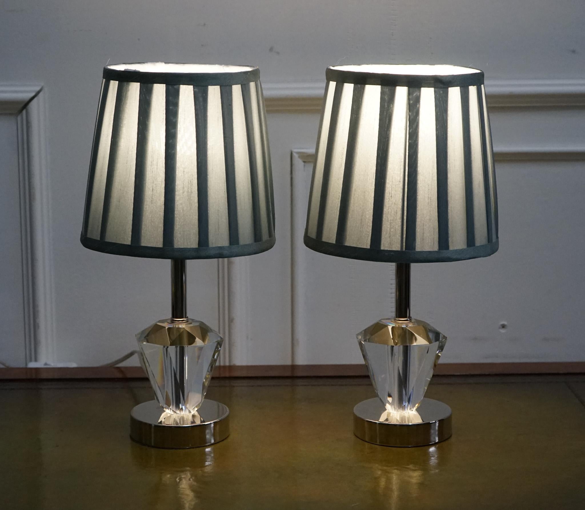 LOVELY PAIR OF DIAMOND GLASS DESIGN ON STAiNLESS STEEL BASE BABY BLUE SHADES For Sale 2